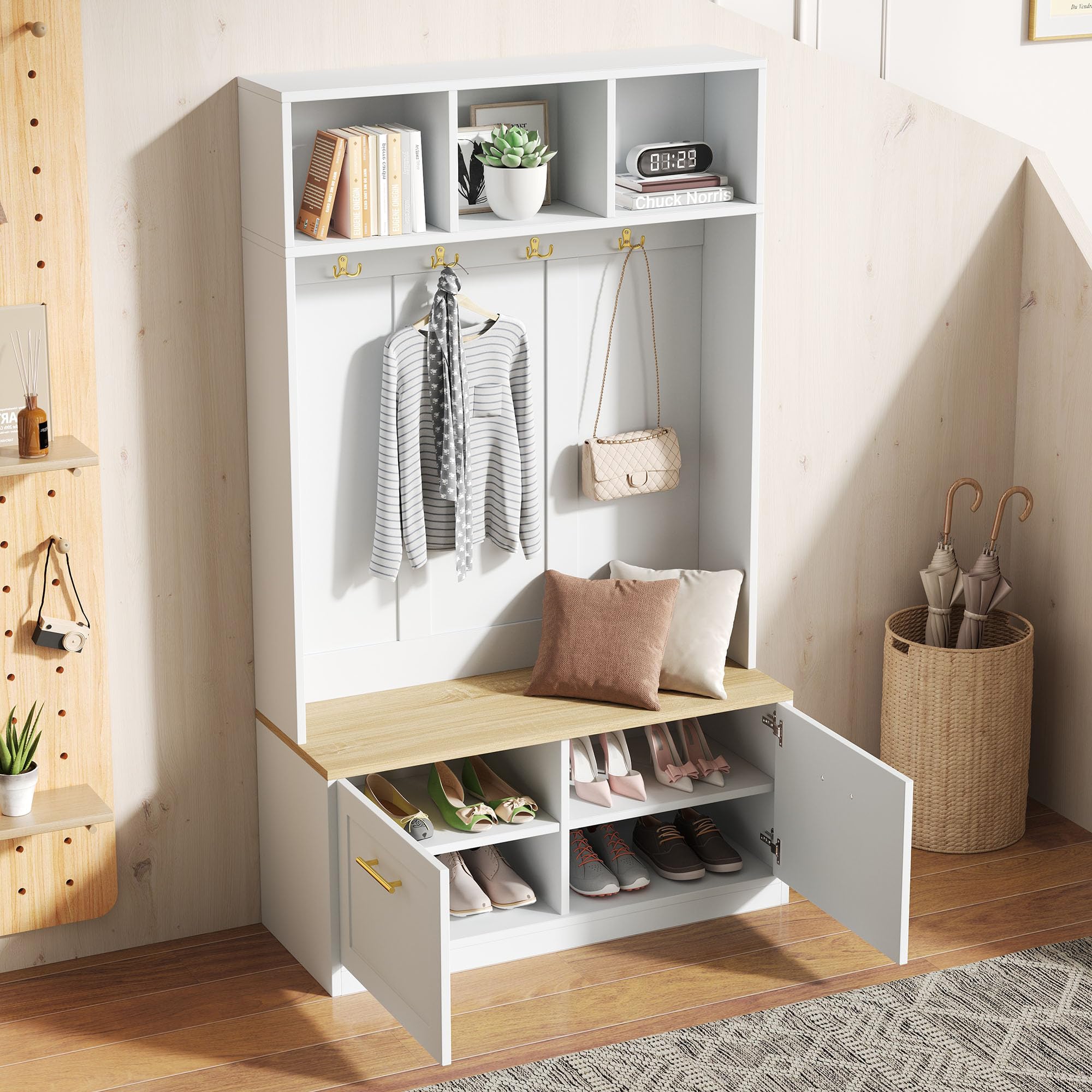 Set appendiabiti con panchina, naturale + bianco, 105 x 40 x 180 cm, spazio aperto e 2 ante – guardaroba compatto con 4 ganci