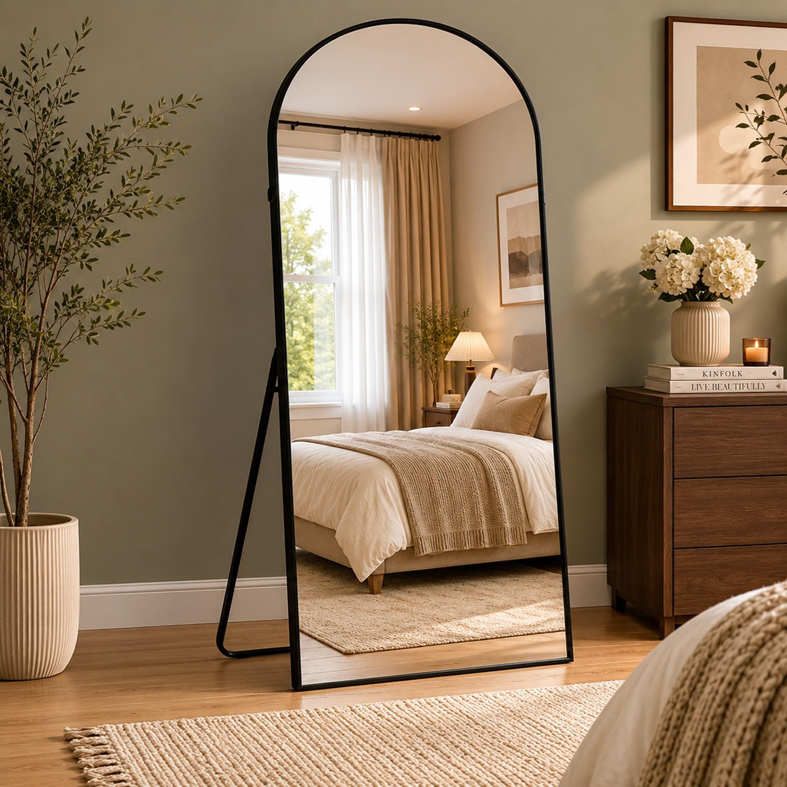 Gr8 Home 165x60cm Arched Full Length Mirror, Black Aluminium Frame Floor Standing Mirror, Freestanding Tall Dressing Mirror with Tempered Glass for Bedroom Hallway