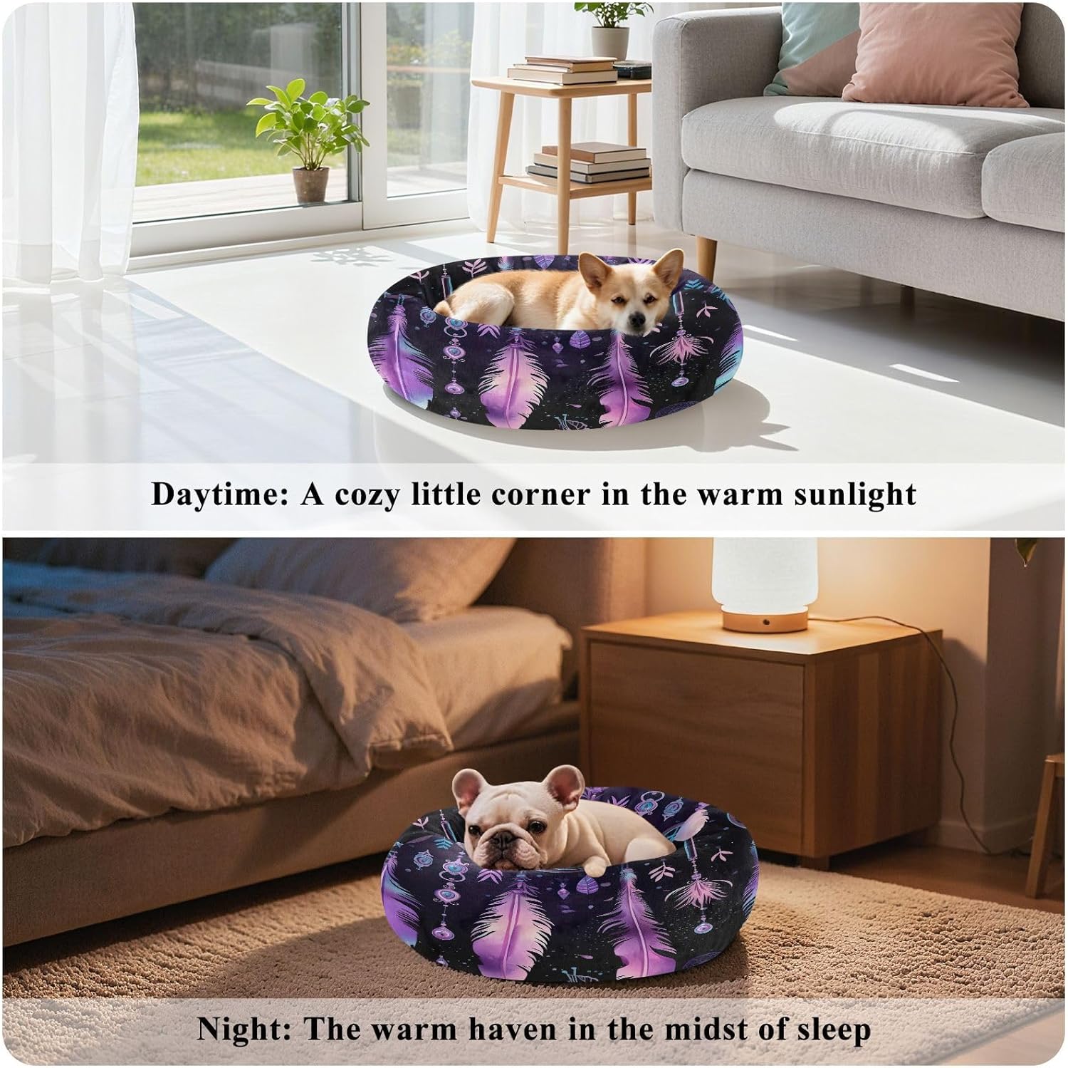Dog Bed Ultra Soft Fluffy Comfortable Cat Bed, Purple Feathers Washable Dog Beds Anti-Slip Round Pet Beds for Medium Dogs