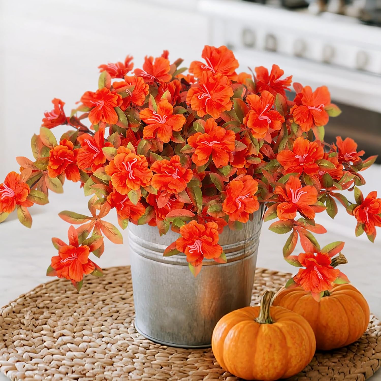 Fall Flowers Artificial for Decoration, Fake Silk Rhododendron Flowers for Outdoors, 2 Bundles Faux Azalea Outside UV Resistant No Fade Floral for Home Garden Balcony Walkway Wedding Party Decor