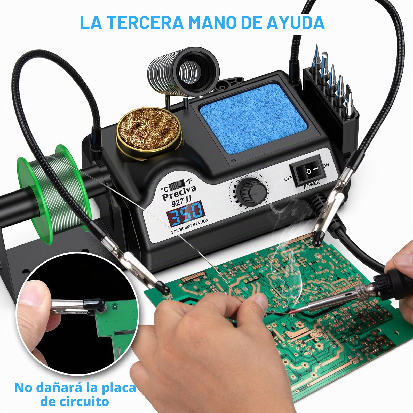 Preciva 927II - Estación de soldadura LCD digital, 60 W, 90-480 ℃ ajustable, 5 cabezas, ℉/℃ botones, función de sueño, control del termostato
