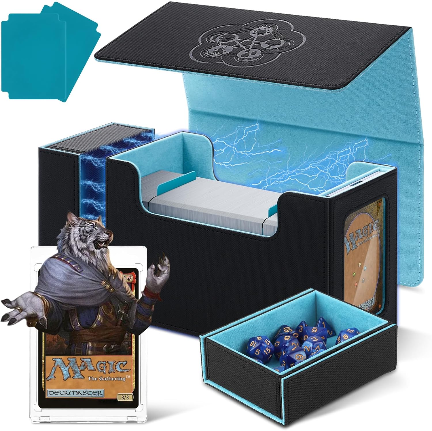 MTG Card Storage Deck Box with Display Window, Commander Deck Box TCG Fit MTG Magic Card, Larger Capacity Leather Playing Magnetic Card Holder with Dice Tray