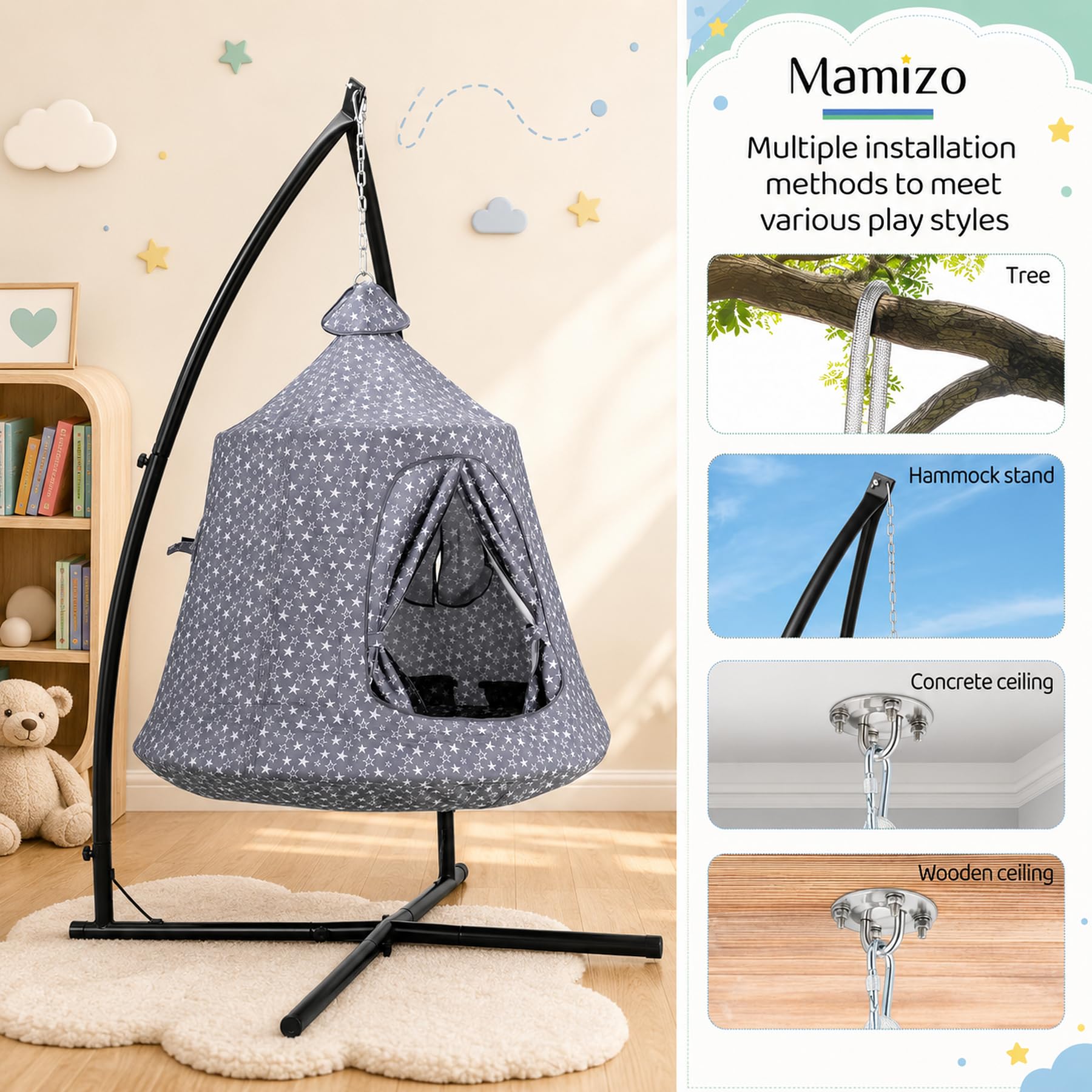 MAMIZO Fauteuil Suspendu extérieur et intérieur,Balançoire Nid d'Oiseau avec Tente,Hamac sur Pied,Fauteuil Relax de Jardin avec lumières LED,capacité de Charge 150 kg,Grau