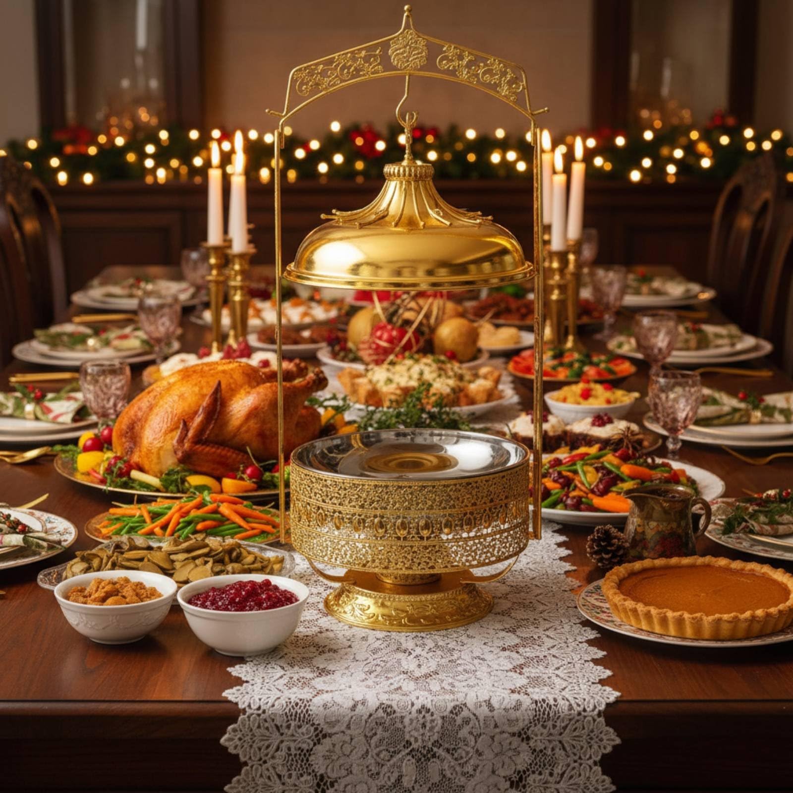 Qianly Chafing Dish Buffet Scalda Buffet Vassoio Servizio Riscaldatore Pietanze in Acciaio Inossidabile Finitura Oro Capacità 8L Adatto per Catering Eventi, 8L, Coperchio Combinato In Vetro Piccolo