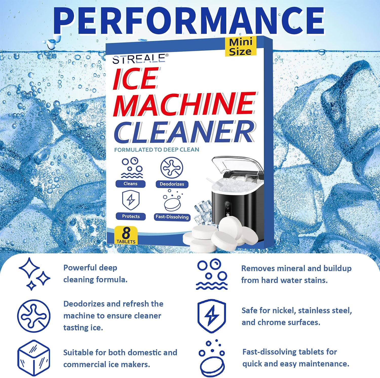 Ice Maker Cleaner and Descaler - Ice maker cleaning tablets mini size, compatible with all major brands, safe and nickel-free descaler, suitable for countertop, portable, and commercial ice makers.