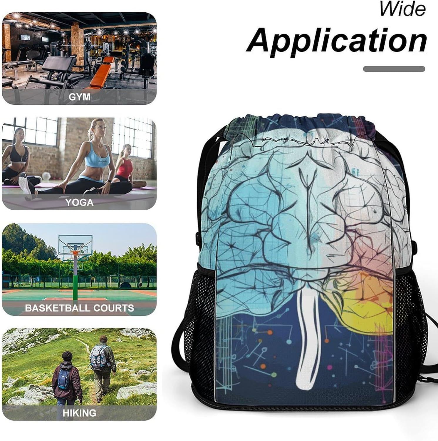 Small Gym Bag Geometry Brain Image with Science Printed Drawstring Gym Bag for Men Lightweight Waterproof Drawstring Backpack for Women with Shoe Compartment for Travel Tourism Work And Fitness