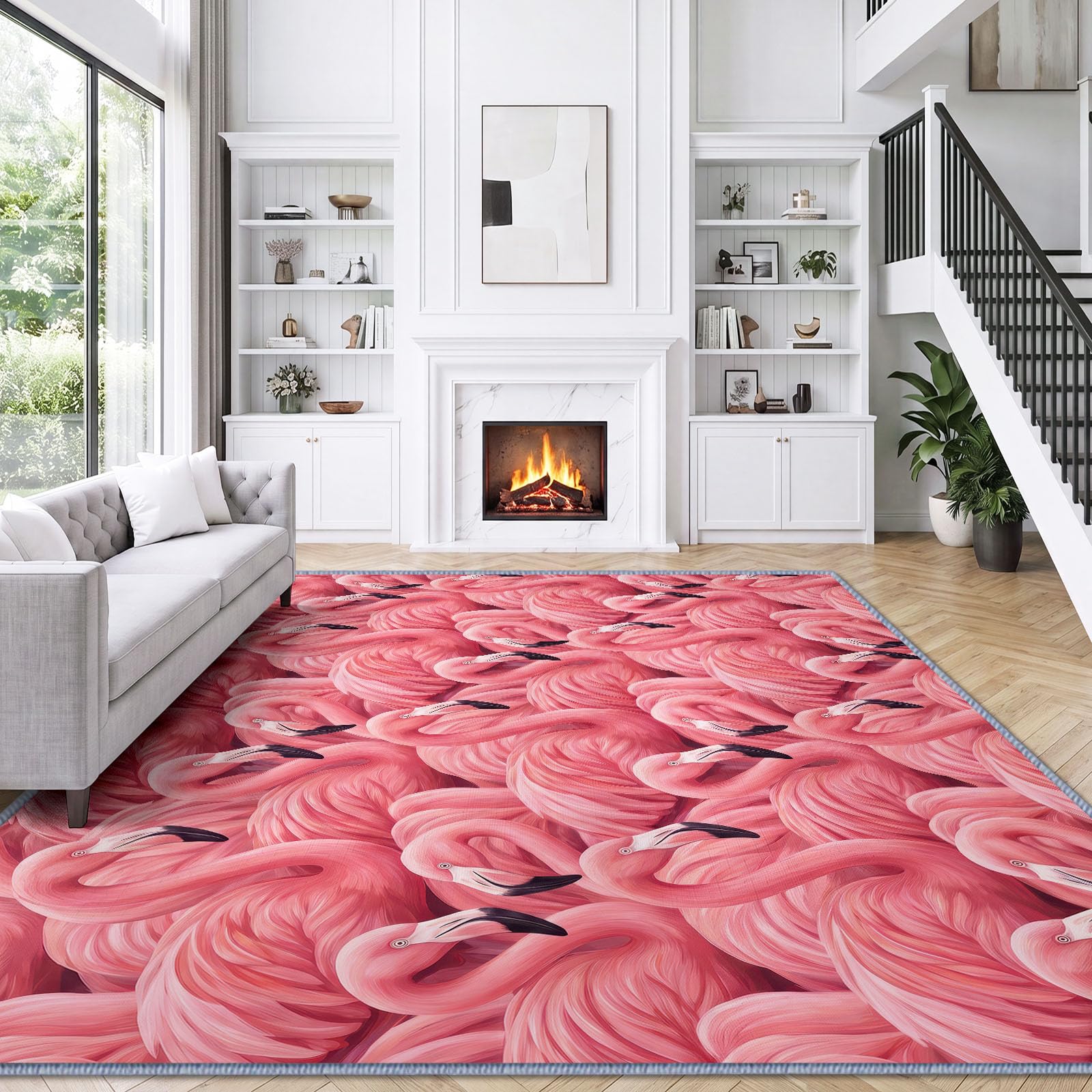 Tapis Lavable en Machine 120 x 180 cm Campagne Animaux Flamants Roses Tapis Antidérapant en Flanelle Idéal pour Enfants et Animaux – Moquette de Chambre Doux, Poils Courts, Entretien Facile, Rose