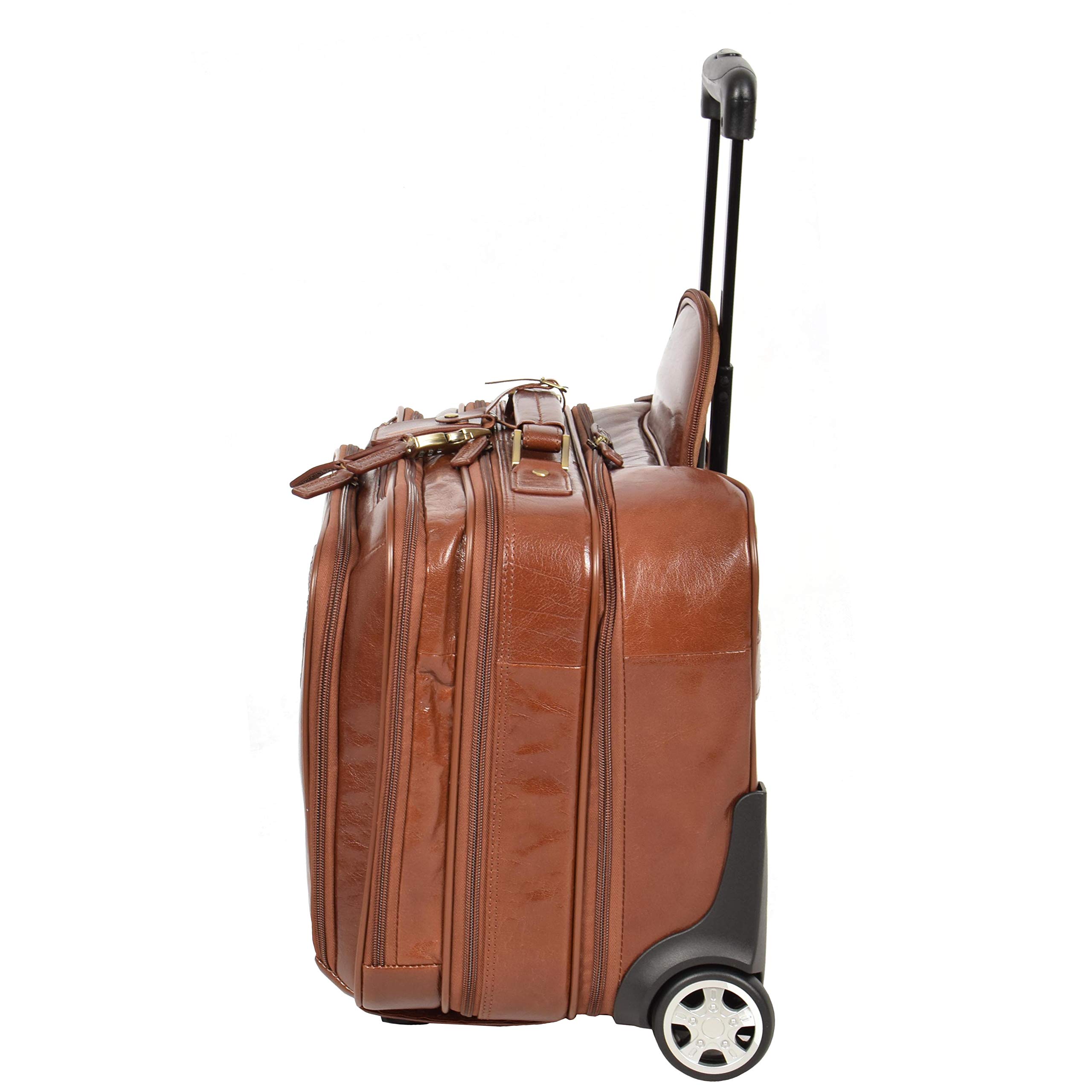 Borsa da viaggio in vera pelle con manico telescopico HOL15, castano, L, Custodia pilota con ruote