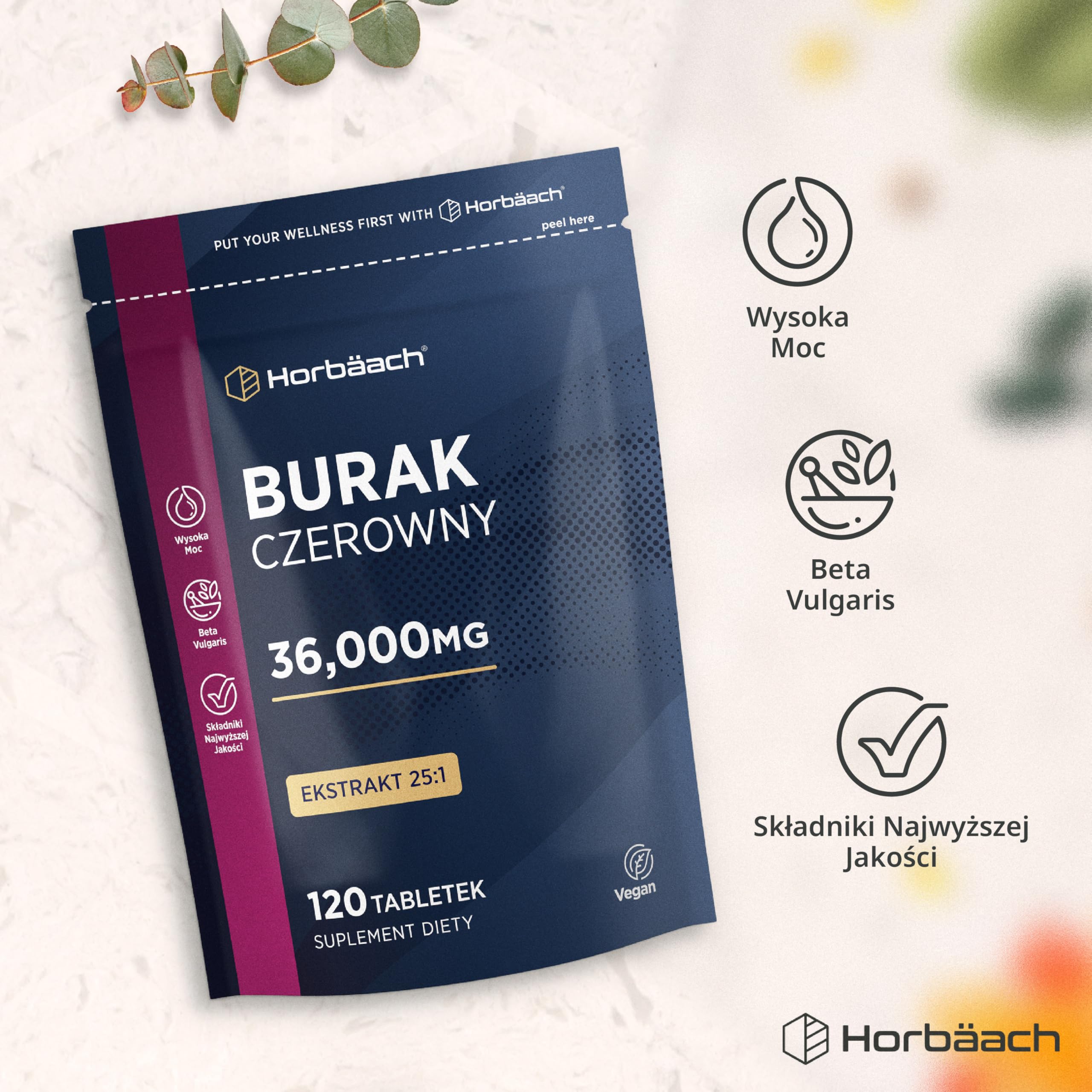Burak Tabletki 36 000mg | Wysokiej Mocy Ekstrakt z Buraka 25:1 | 120 tabletek | Odpowiednie Dla Wegan i Wegetarian | marki Horbaach