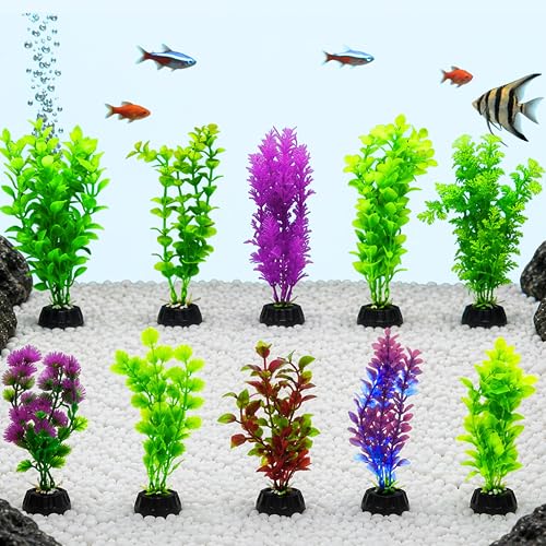 Foodie Puppies 10 Pcs Aquarium Artificial Plant - (8-inch Plant, Set of 10) with Resin Base | Terrarium and Fish Tank Decorative Ornament | Natural Looking Plastic Plants for Freshwater & Saltwater