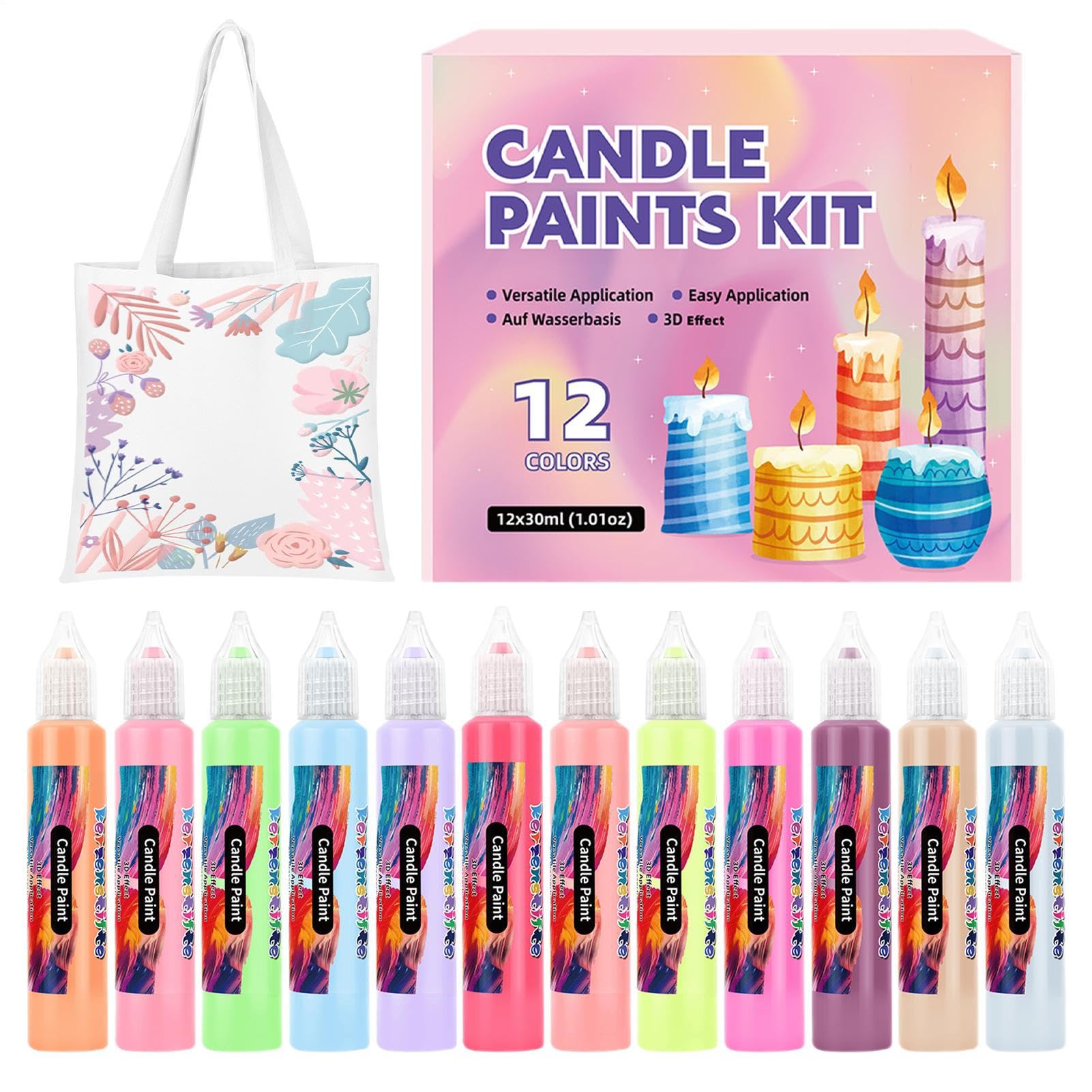 Candle Paint - 12 Colors Candle Wax Painting Pens Kit - Writing Drawing Decorating Kit for Festival Wedding Holiday Birthday Party Crafts on Glass Tote Bags Cotton Fabric Adults