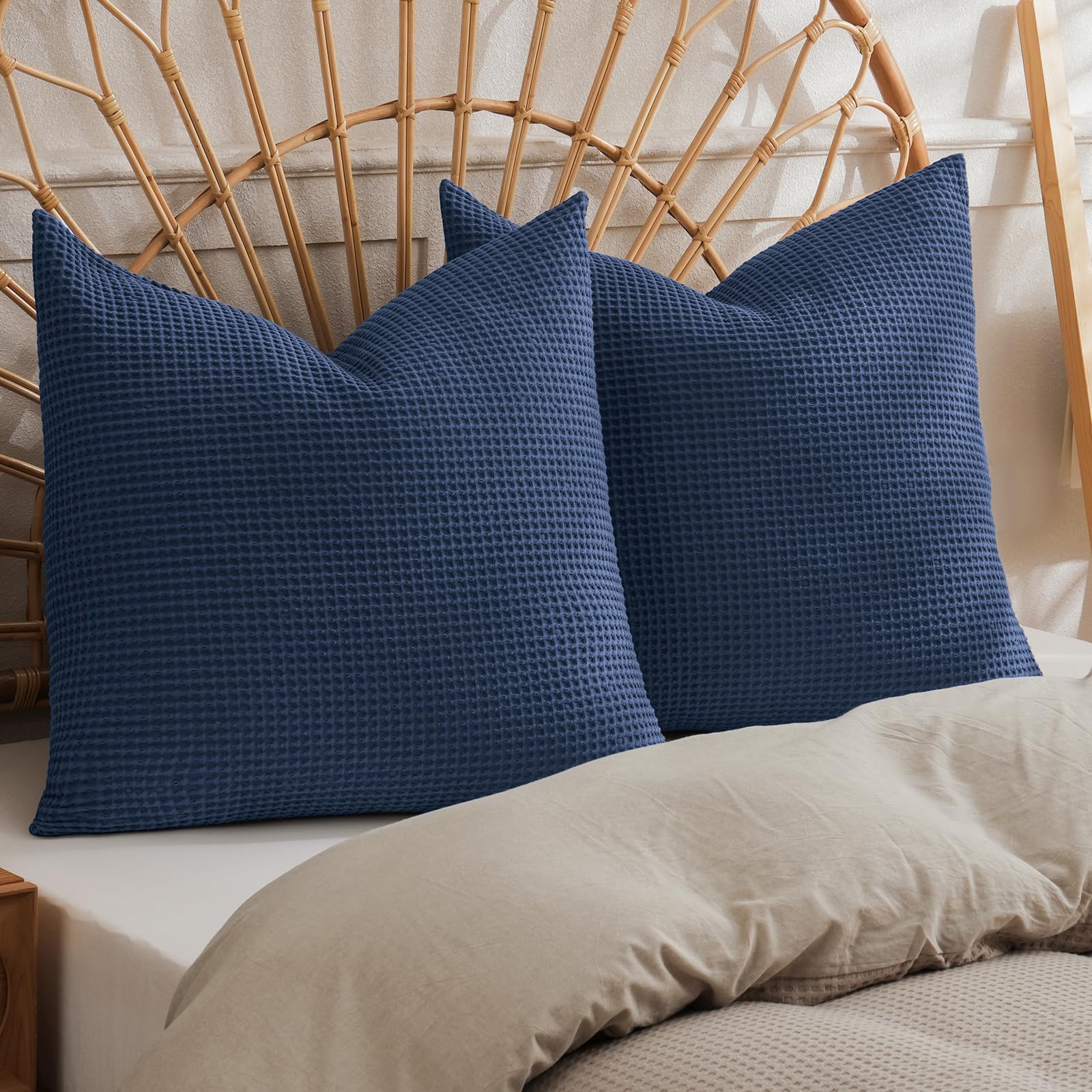phf 100% cotton waffle weave throw pillow cover, 22" x 22", no filling, 2 pack elegant home decorative square throw pillow covers for bed couch sofa, bright navy blue