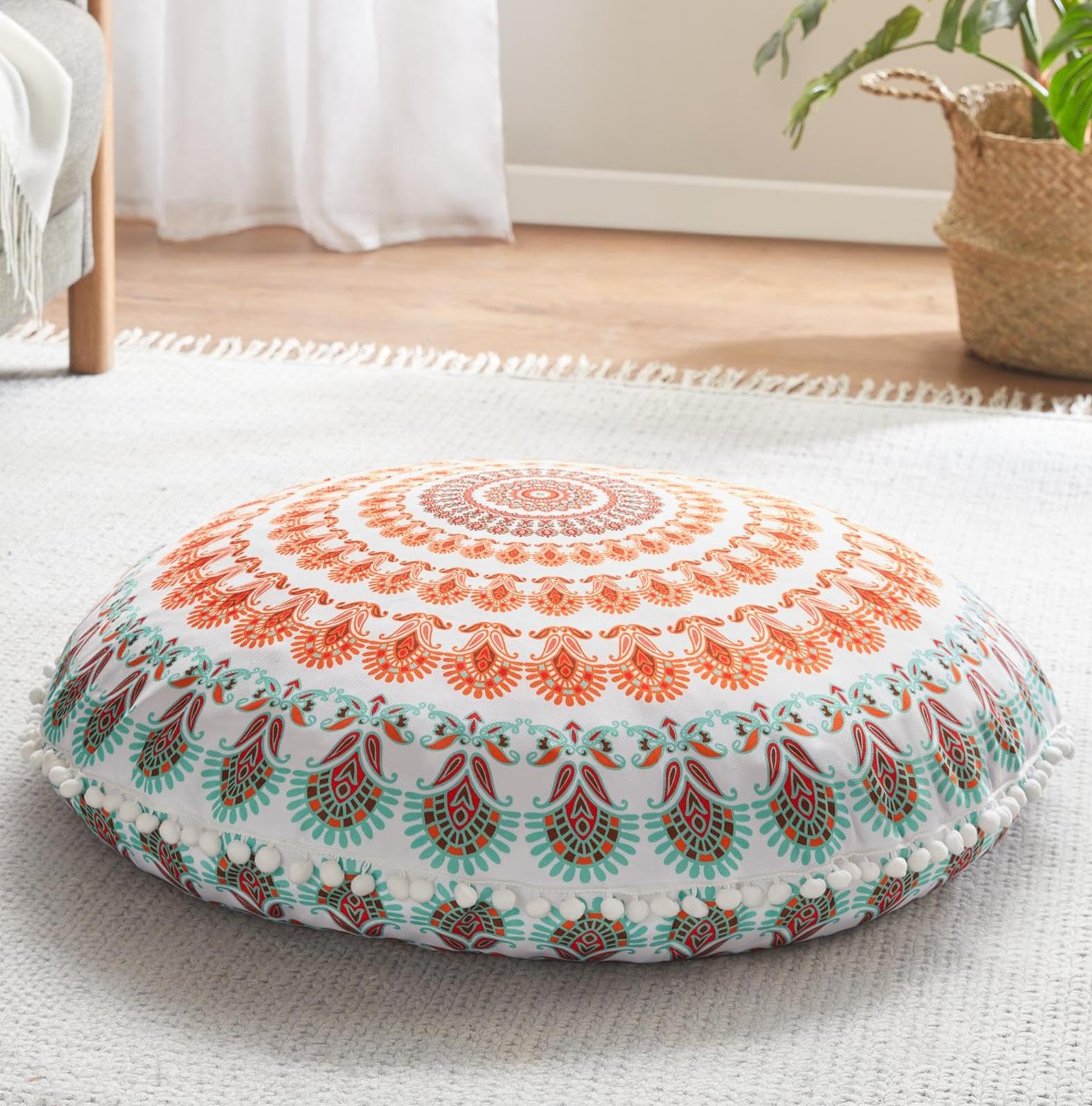 Codi Meditation Floor Pillow, Round Large Pillows Seating for Adults, Bohemian Mandala Circle Cushion for Outdoor Fireplace Yoga Living Room, 32 Inch, Memory Foam Added, Coral