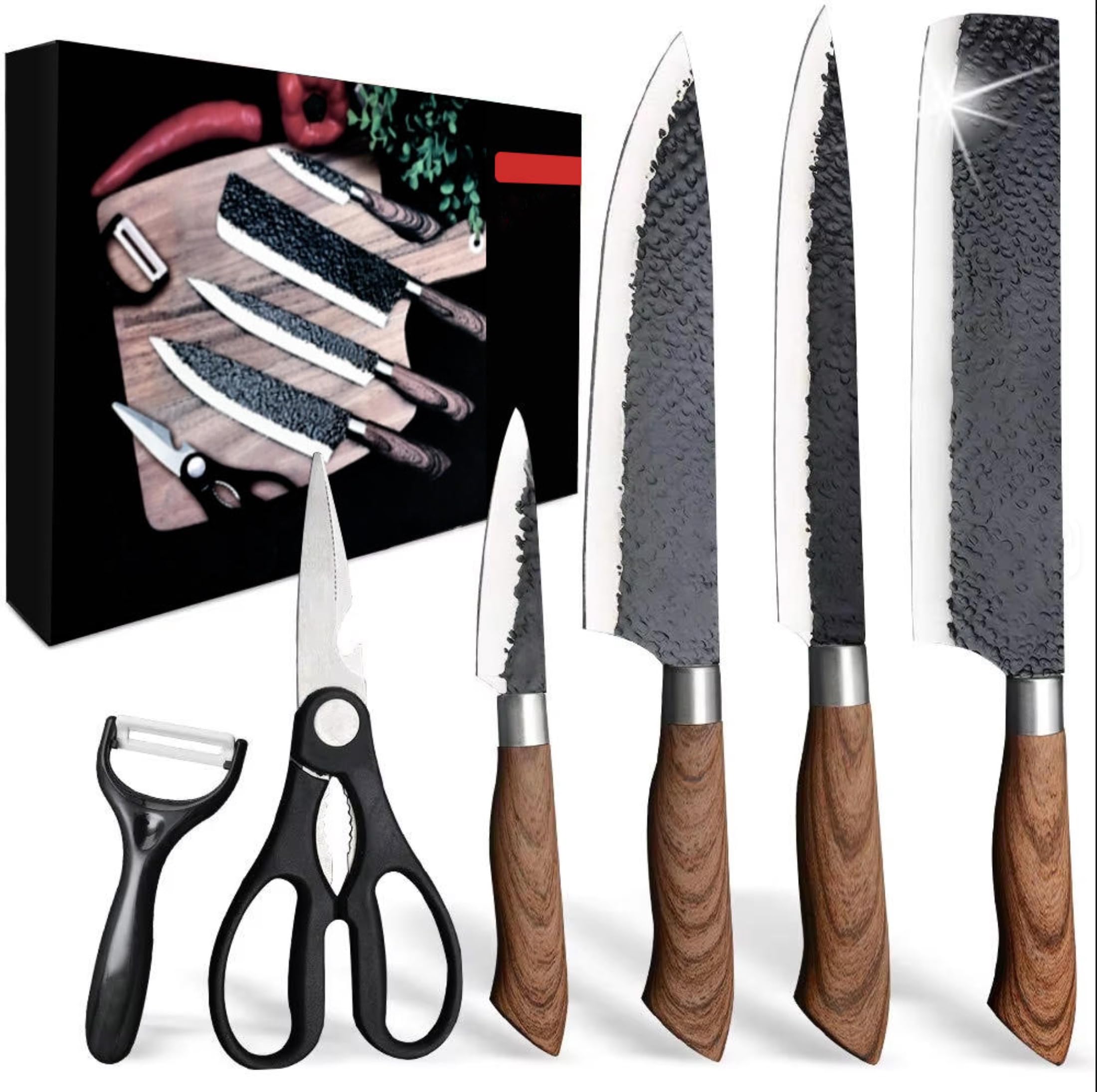 24x7 eMall 6 Pcs Knife Japanese Knife with Damascus Pattern ~ Shimura Collection ~ Chef Knife High Carbon Stainless Steel Laser Knives Kitchen with Box