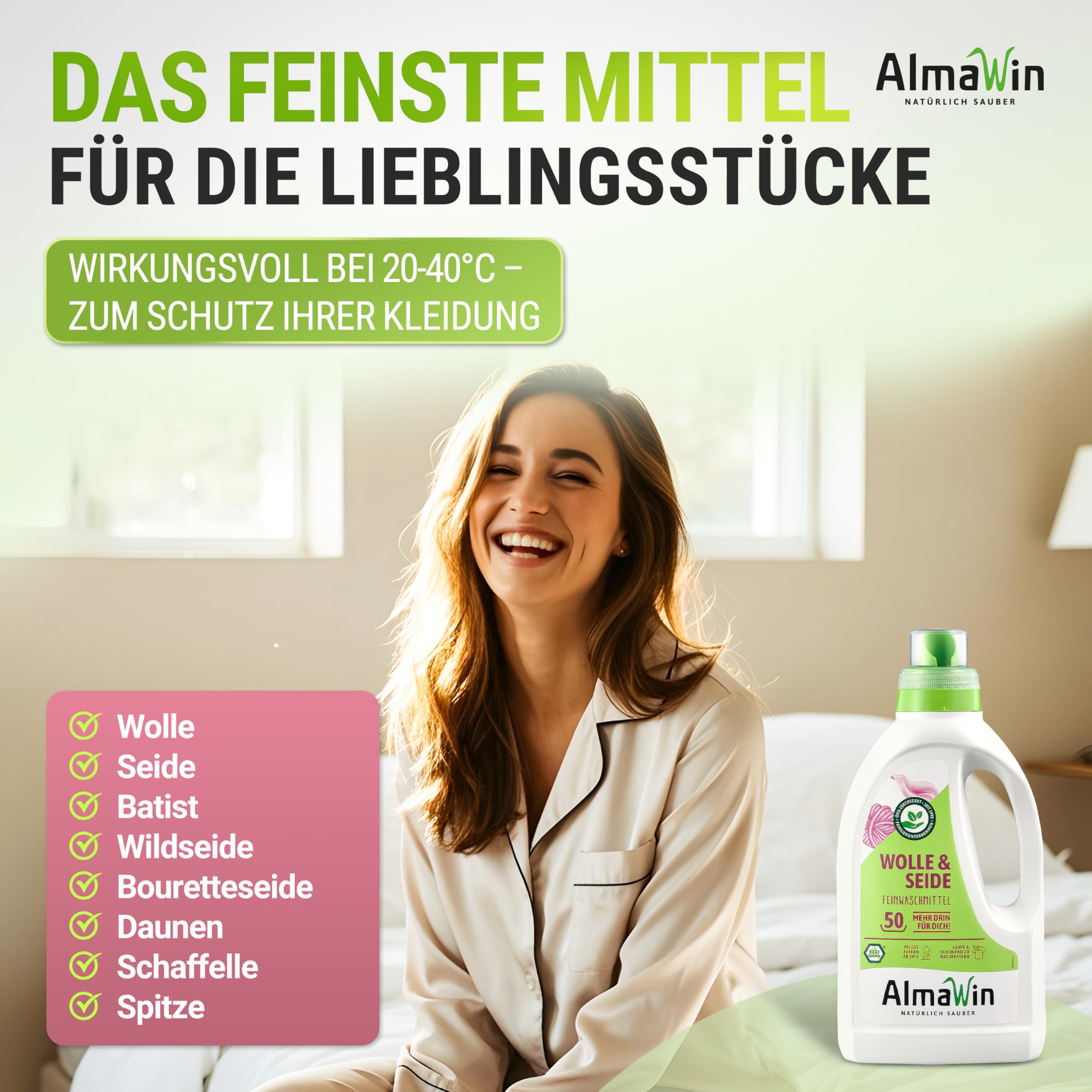 AlmaWin® Waschmittel Wolle & Seide [6x 750ml - 300 Ladungen] mit Lavendel-Duft für schonende Reinigung von Naturfasern - Seide- & Wollwaschmittel anwendbar von 20-40°C - Bio Feinwaschmittel flüssig