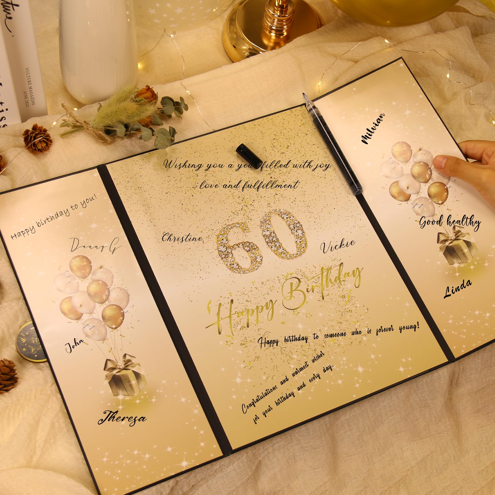 MOIYYIA Black Gold 60th Birthday Party Decorations – Happy 60th Birthday Signature Guest Book for Men & Women, Cheers to 60 Years Signing Card Board, Unique Party Supplies & Keepsake Gift