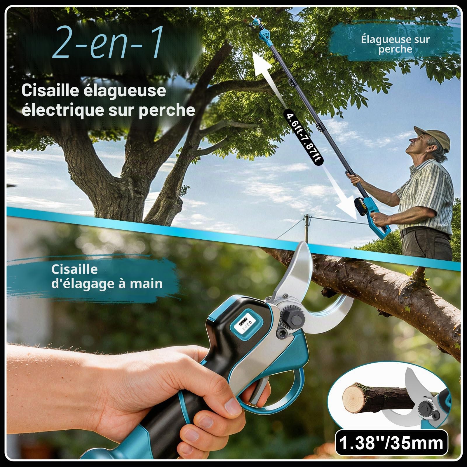 Sécateur Électrique Avec Perche, Moteur Brushless, Portée Totale 4,2 m, 2-en-1 Secateur Electrique Sans Fil avec 3 paires Lame SK5 et 2x2.0 Ah Batteries, pour Jardinage, Ferme, Arbres Fruitiers
