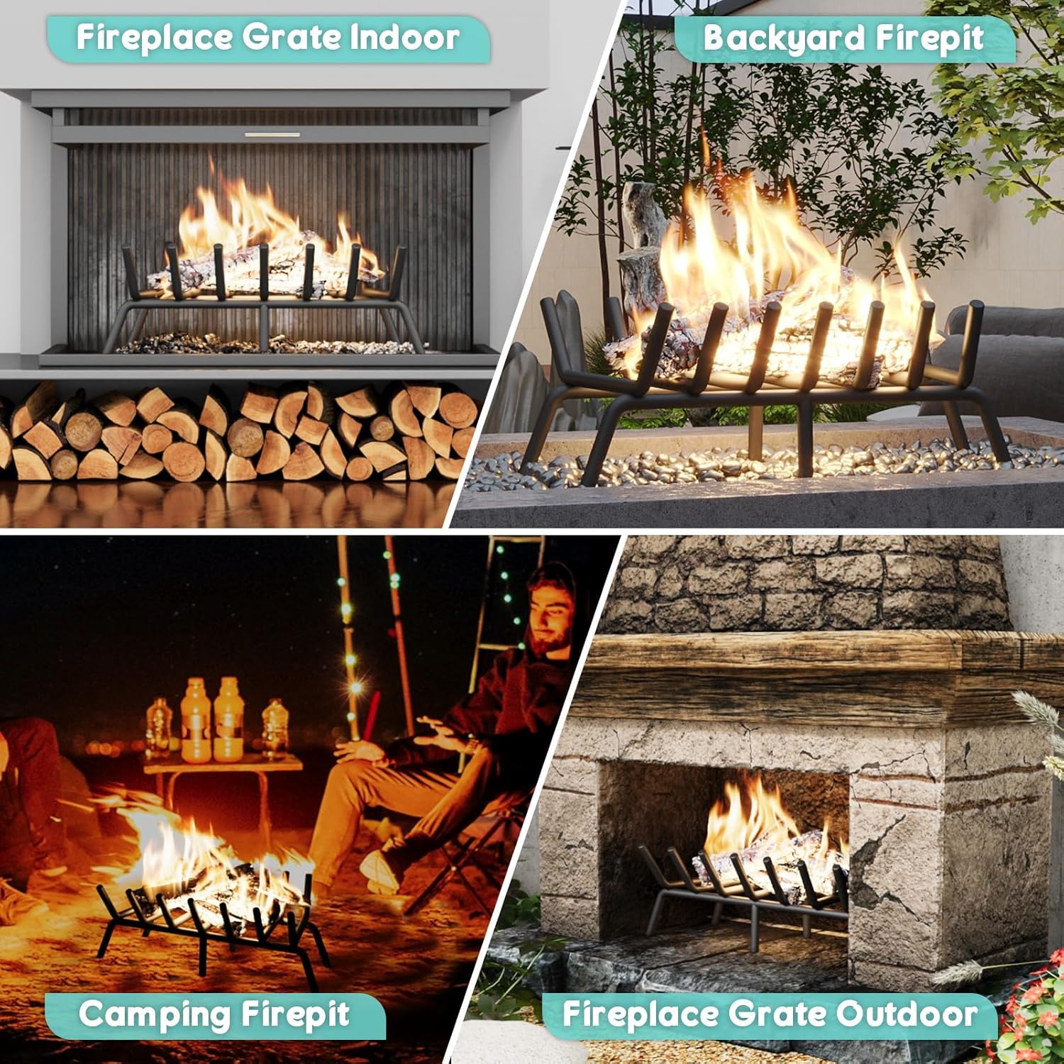 24-Inch Fireplace Grate, Heavy Duty 7-Bar Log Rack Holder Made of Solid Round Steel for Indoor/Outdoor Fire Pits, Wood Stoves & Kindling Tools