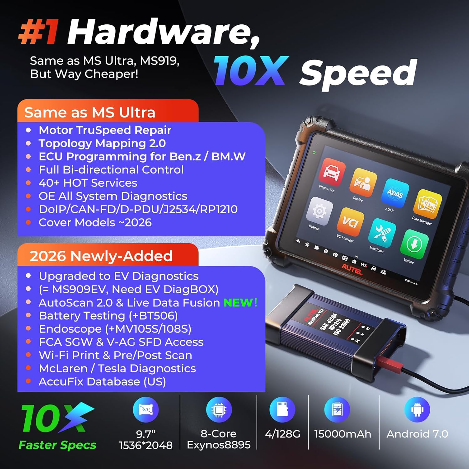 Autel MaxiSys MS909 Intelligent Scanner: 2026 MS909 Same as Ultra MS919, Up of MS908S PRO II Elite II PRO, Motor TruSpeed Repair as Ultra S2, Topology 2.0, ECU Programming, 40+ Resets, 3K+ Test
