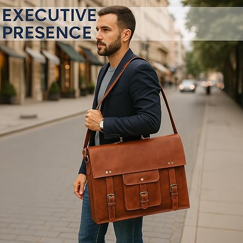 Miniatura 6 de RUSTIC TOWN Bolso bandolera de cuero genuino de 18 pulgadas - Bolso bandolera para portátil