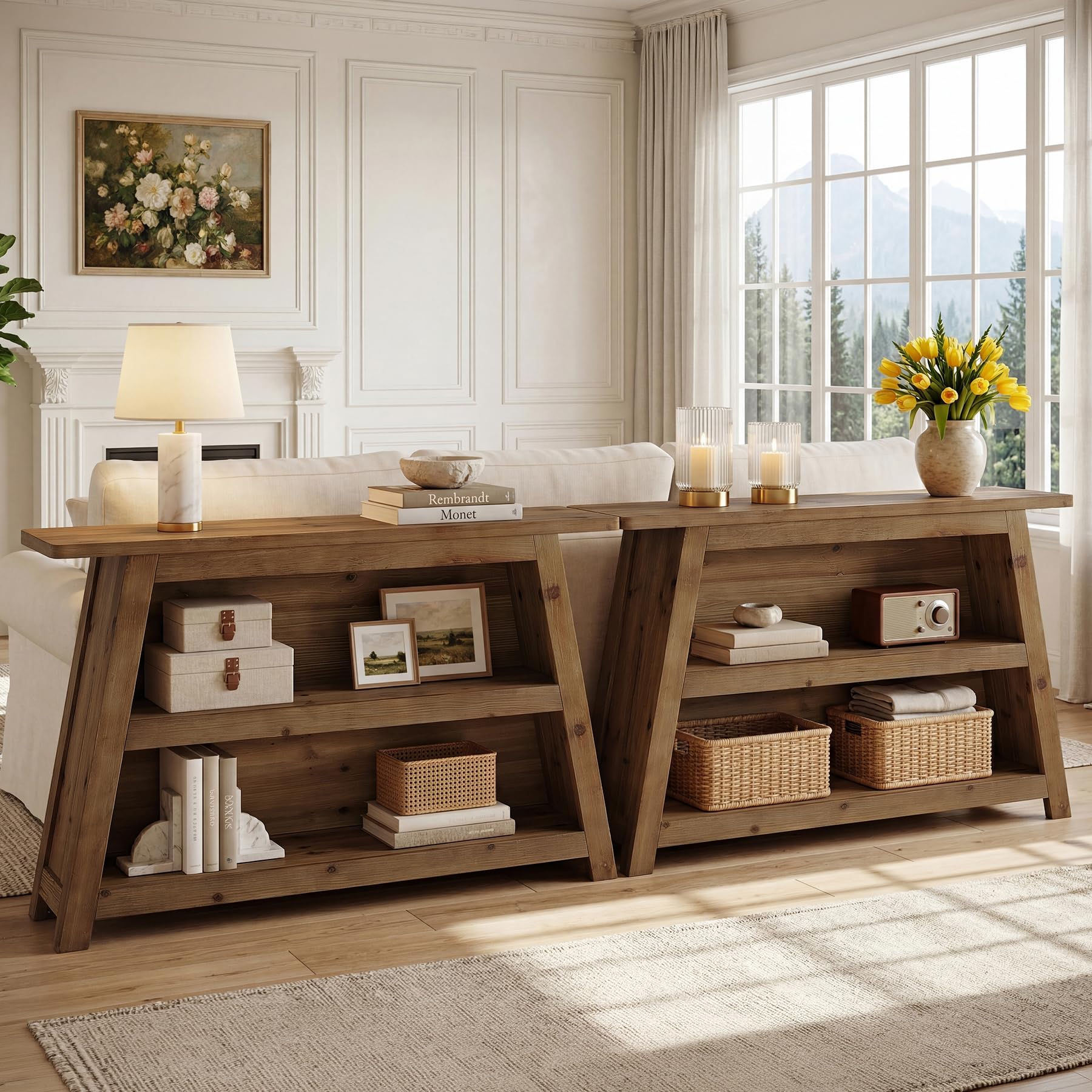 Massivholz Konsolentisch, 120 cm Schmale Eingangstisch, Sofatisch mit 3-stöckiger, Landhausstil Couch-Tische hinter dem Sofa für Eingangsbereich, Flur, Foyer, Rustikales Braun