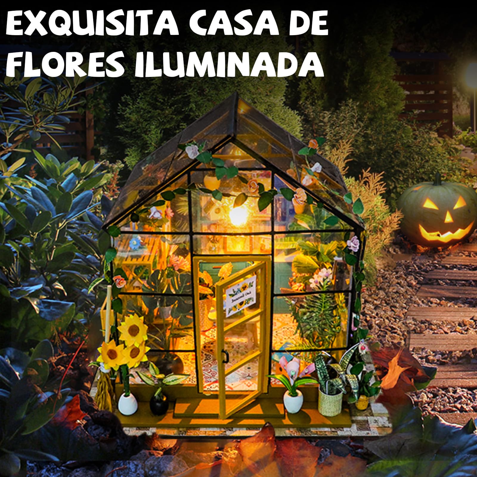 JONRRYIN DIY Miniature House, Casa Miniatura para Montar, Modelo de Invernadero con Lámpara LED e Instrucciones, casita de Madera Miniatura para Decoración del Hogar Regalos Creativos (A)