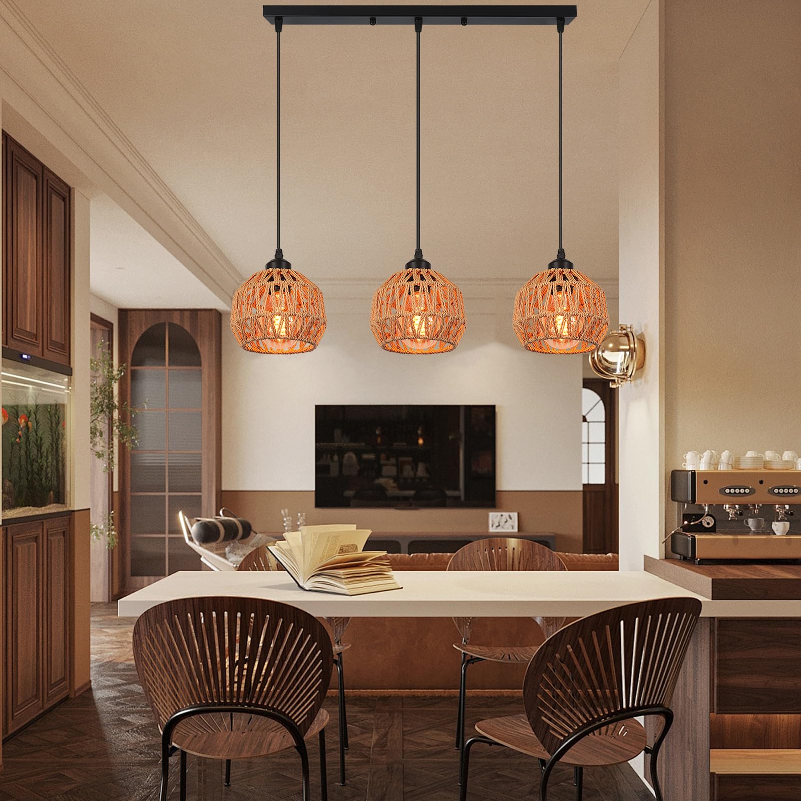 3 Lumières Suspension Industriel Lustre Vintage Abat-jour en Métal et Rotin Luminaire Plafonnier Rétro E27 Lampe Suspendue avec une Barre pour Restaurant Salon Chambre