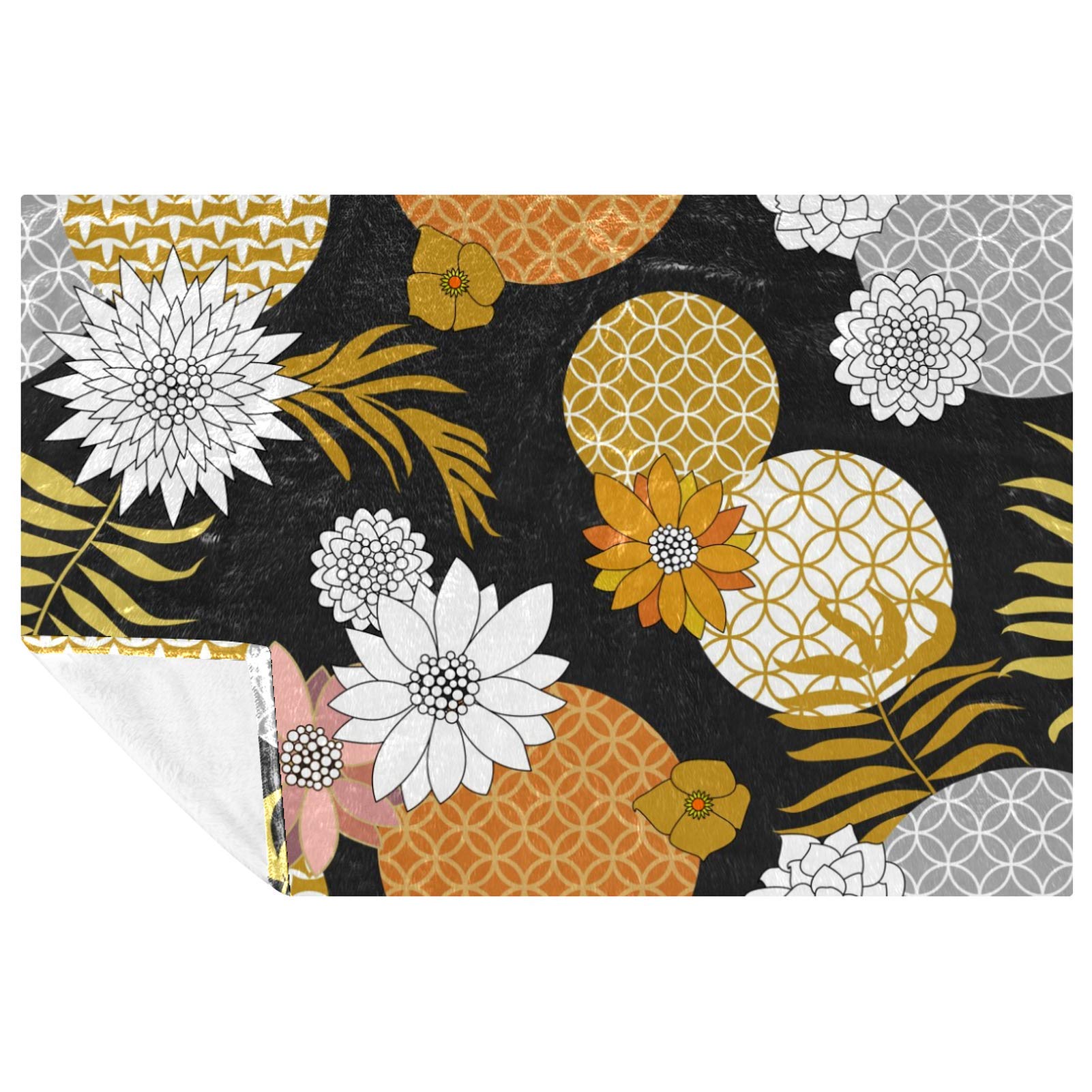 Couverture douce et chaude 150x100 cm imprimé floral doré et argenté pour lit et canapé