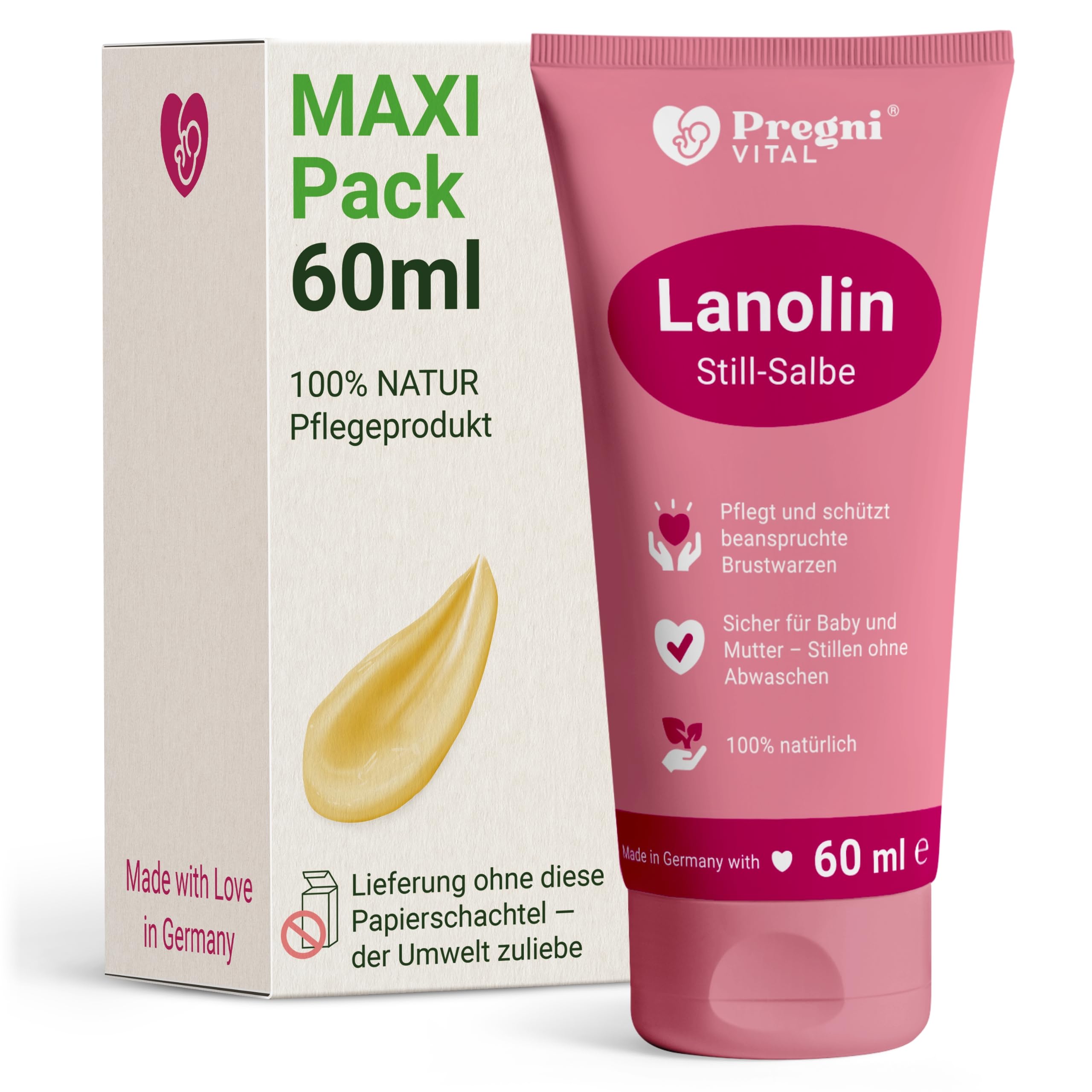 Lanolin Brustwarzensalbe Stillen [60 ml] MAXI-Pack - PregniVital® Stillsalbe für stillende Mütter bei beanspruchten, trockenen und empfindlichen Brustwarzen - Hypoallergen, ohne Duftstoffe