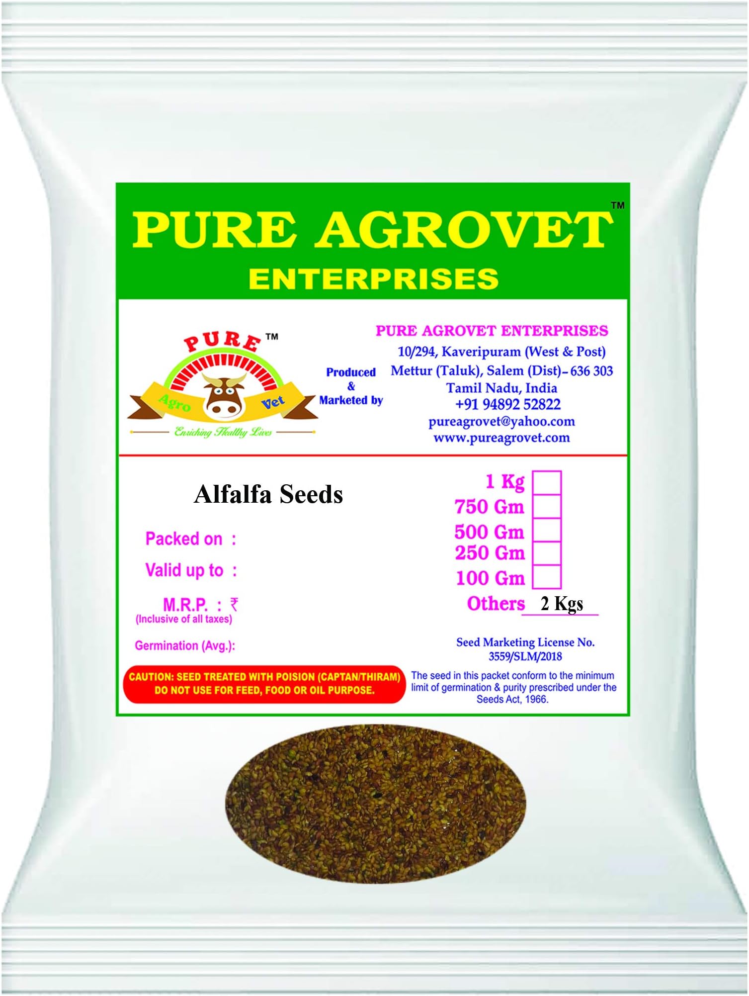 Alfalfa/Lucerne/Kuthiraimasal/Rajka/Lusan ghas (Medicago sativa) Multicut Fodder seeds for Animal Husbandry (Pack of 2 Kgs)