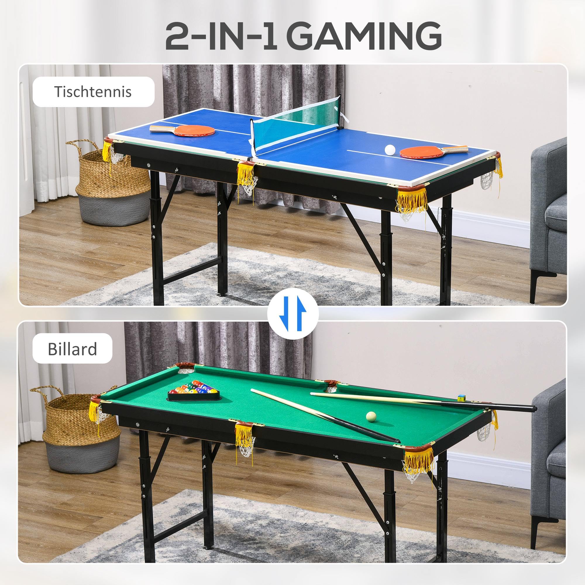 SPORTNOW Multigame Spieletisch 2-in-1 Stahl 140 x 63 x 60-80 cm Grün