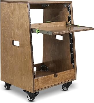 Sound Town DIY Slanted 12U Studio Rack 4U Top + 8U Lower, with 2U Bottom Storage, Slide-Out Tray, Caster, Plywood, Weathered Brown for Recording Room, Home Studio SDRK-ST12TB