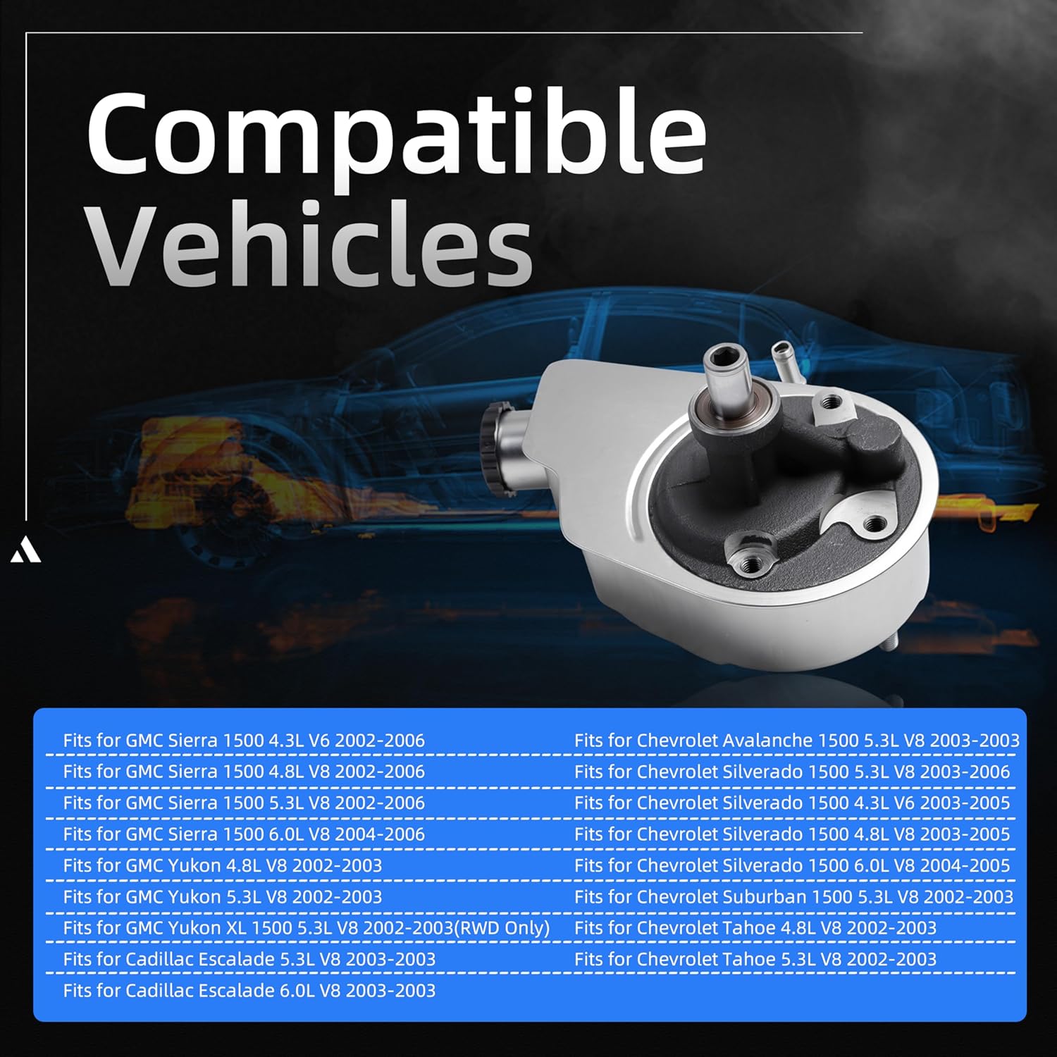 Power Steering Pump, for GMC Sierra 1500/Yukon/Yukon XL 1500 2002-2006, for Chevy Avalanche 1500/Silverado1500/ Suburban 1500/Tahoe 2002-2006, for Cadillac Escalade 2003, 208704
