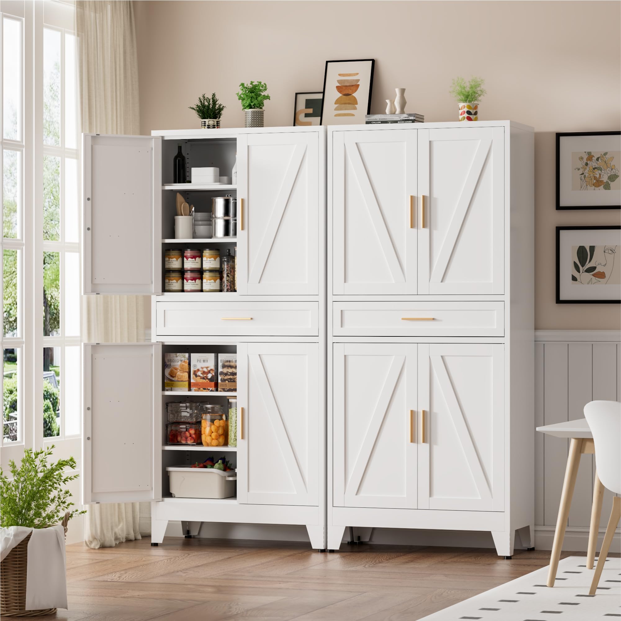XIOMIOHTRQ Metal Storage Cabinet with Drawer, 71" Tall Storage Cabinets with Adjustable Shelves, White Farmhouse Freestanding Kitchen Pantry Cabinet