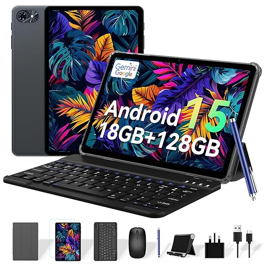 Android 15 Tablet 10 Inch - Gemini AI 2.0 Android Tablets 18GB+128GB/2TB, 10.1 Inch Tablet with Pen and Keyboard, 6000mAh, FHD, 5G WiFi, Bluetooth 5.0, GPS, OTG, Office, Gaming, 2 Years Warranty
