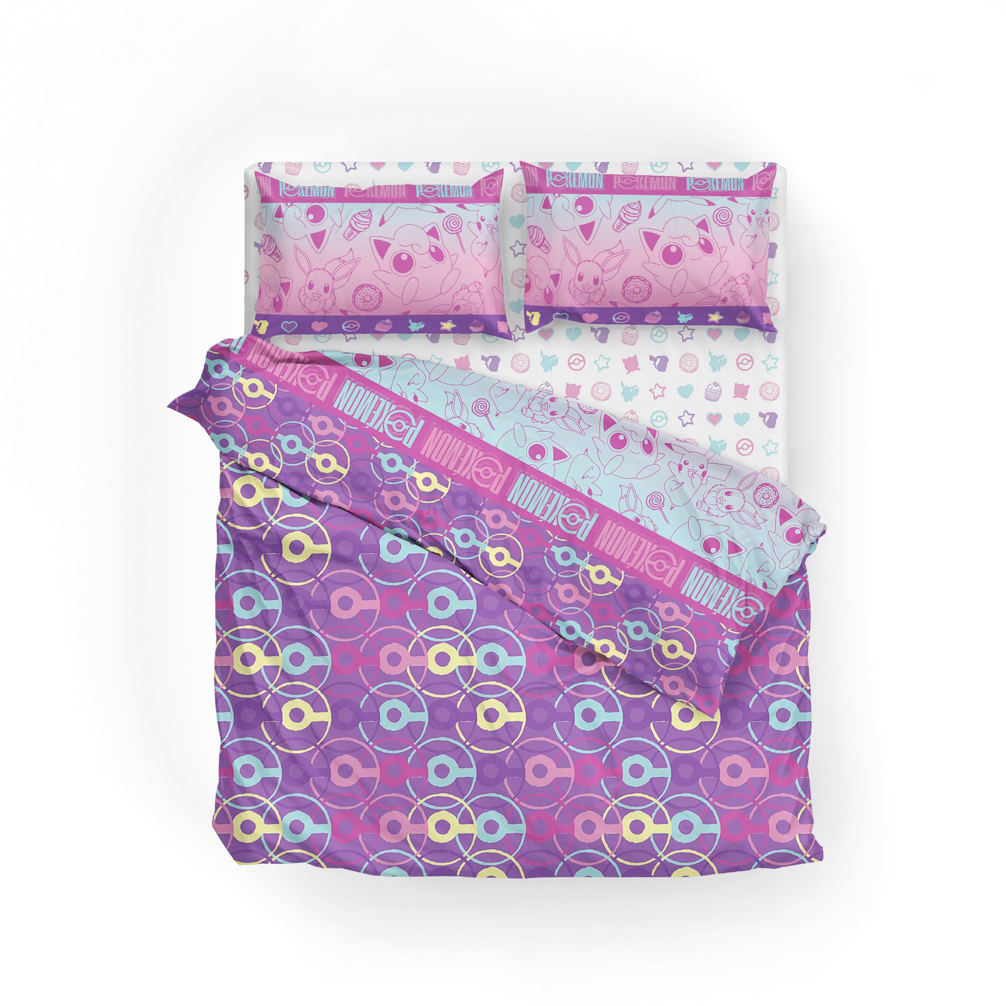Northwest, Set completo per letto matrimoniale a tema Pokemon, con Pikachu ed Eevee, per ragazze e ragazzi, motivo semplice e grazioso