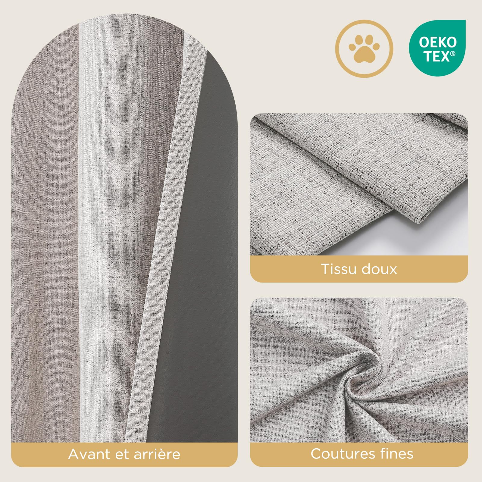 CUCRAF Rideau Occultant avec Galon Fronceur,100% Opacité,H225 x L140 cm,Lot de 2 Panneaux Effet Lin pour Salon,Chambre à Coucher,Chambre Enfant,Système de Rail