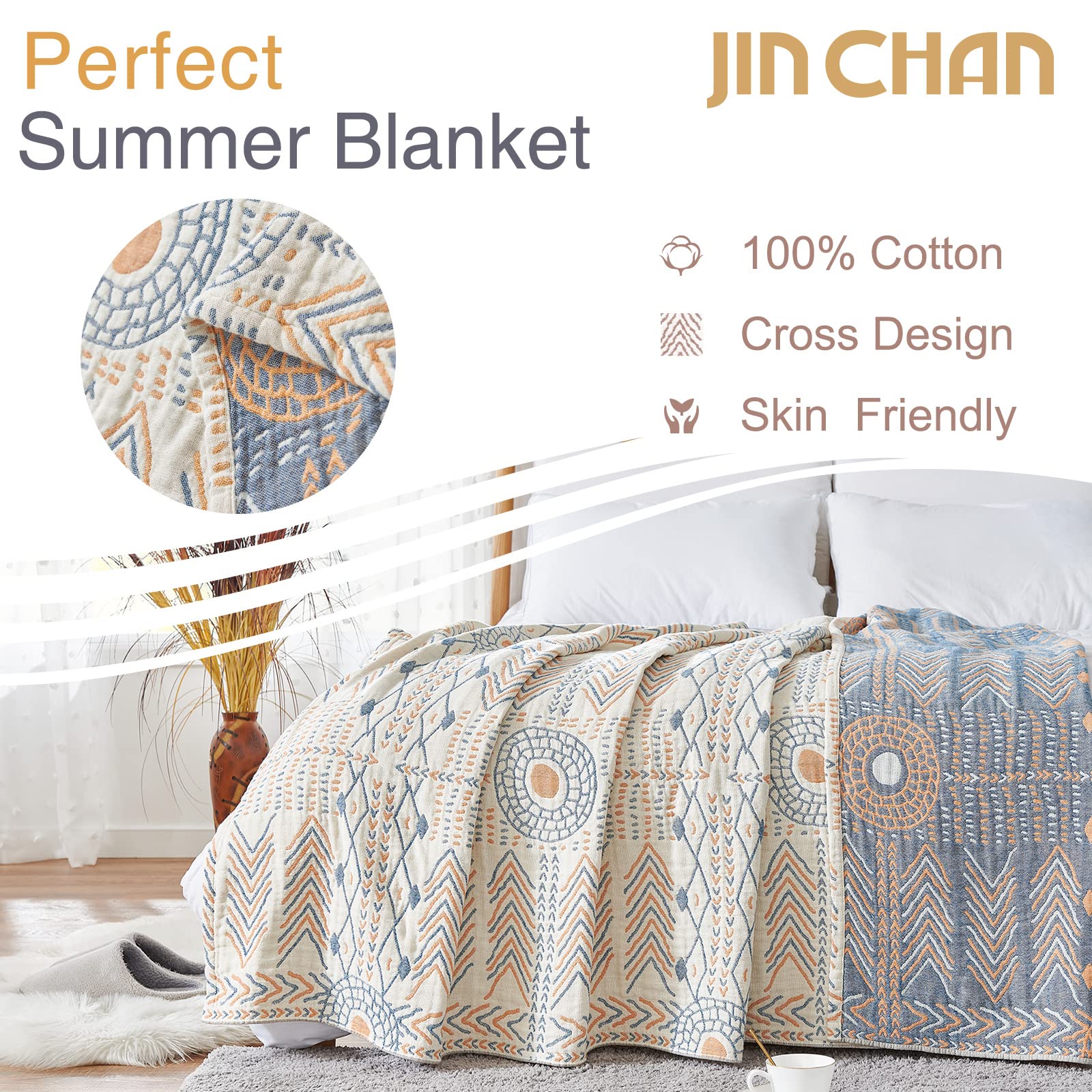 Condition photo showing As Is for jinchan orange throw blanket 100% cotton blanket for couch queen size cozy blanket bed decor 4 layer spring blanket boho throw cotton coverlet geometric large blanket baby kids gift 80x90 inch