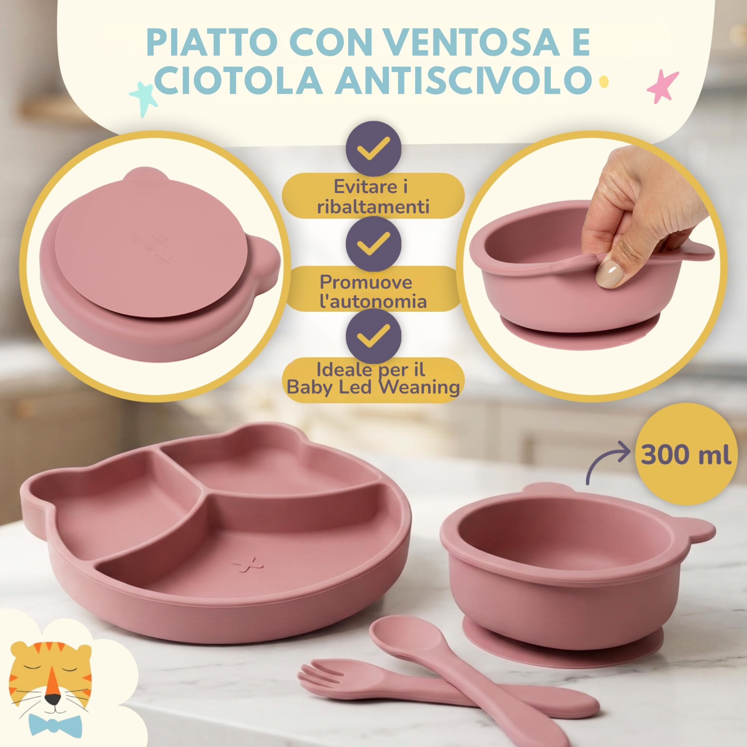 Set Pappa Svezzamento Neonato in Silicone 12 Pezzi | Piatto e Ciotola con Ventosa, Tazza 3 in 1, Posate, Bavaglini Impermeabili, Ciuccio Frutta | Senza BPA, Microonde e Lavastoviglie