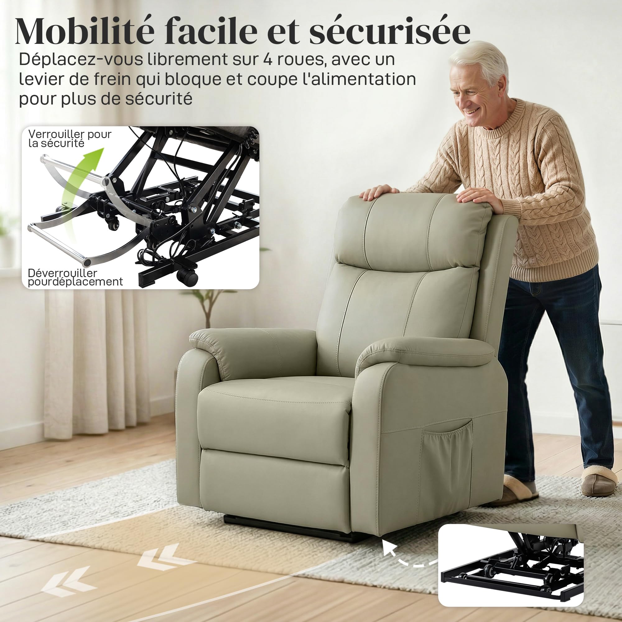 HOMCOM Fauteuil releveur électrique, Fauteuil Relax électrique, Double Moteur, Dossier inclinable, Coussin à Ressorts, Larges accoudoirs, Repose-Pied, roulettes, télécommande, Poches latérales, crème