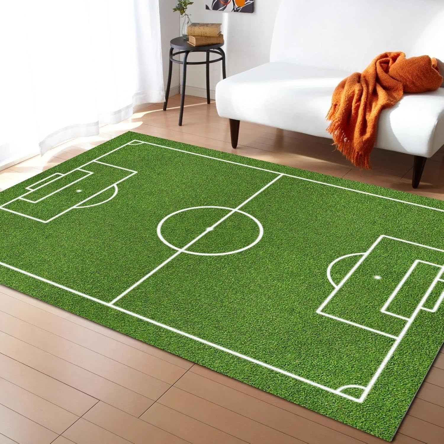 Modern Floor Decor Rectangle Area Rug, Green Sports Ground Living Room Rug, Washable Non-Slip Easy Clean Durable Foldable Printed Carpet for Bedroom Entryway Garden Gaming Room-5x8ft