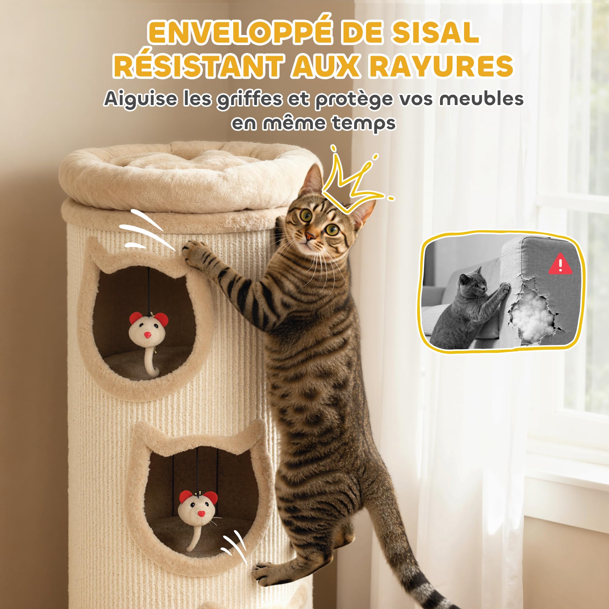 PawHut Tonneau à gratter 96 cm, Tour à griffer en sisal et Bord en Peluche, 3 Niveaux avec Plate-Forme, Arbre à Chat Stable pour Petits et Grands Chats, Parfait pour Griffes & Jeu, Ø 38 cm, crème
