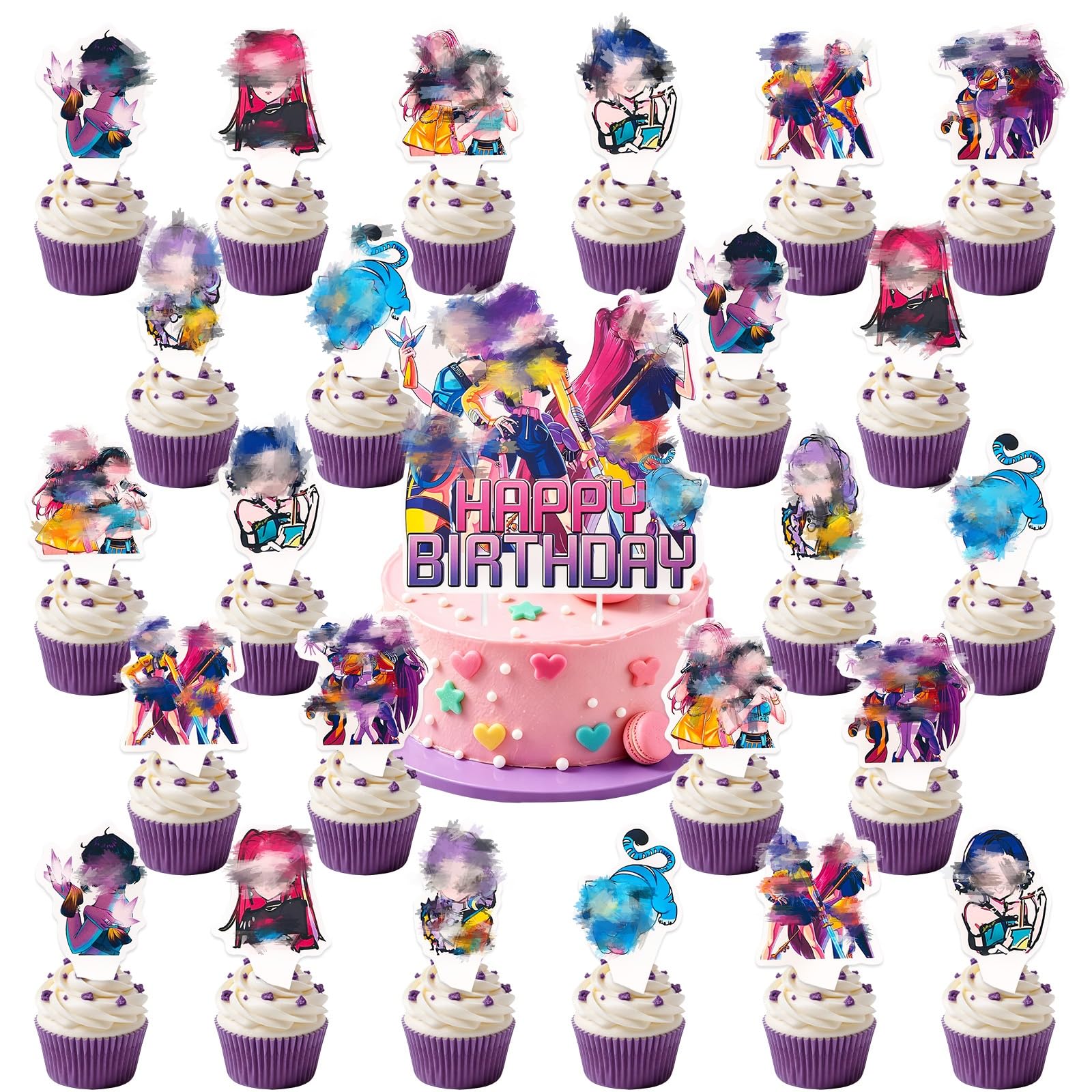 25pcs Cake Decoration Set, with 24pcs Cupcake Toppers, 1pcs Cake Topper, Birthday Party Decorations Supplies Cartoon Character Party Decorations for Kids Fans