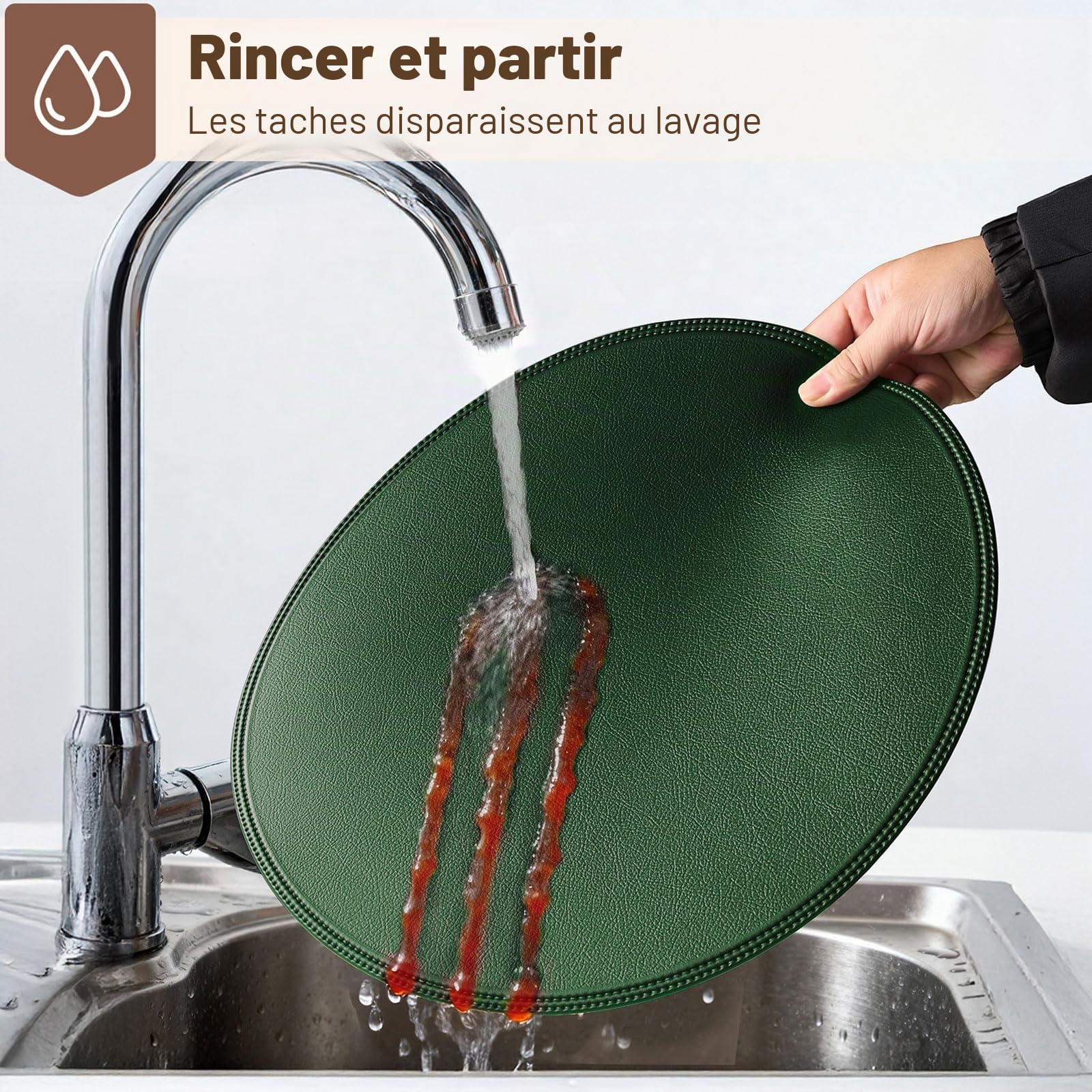 Lot de 6 Sets de Table Ronds épais en Similicuir PU, imperméables, antidérapants, lavables, résistants à l'huile, infroissables, pour Cuisine, Salle à Manger (Vert)