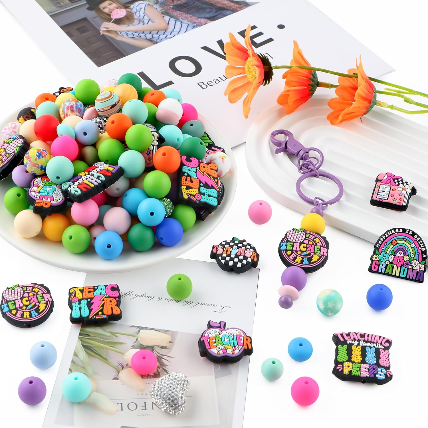 Lovymi 12PCS Mama Silicone Focal Beads for Pens, Rainbow Grandma Mom Silicone Beads for Keychain Making DIY Handicraft - Image 5