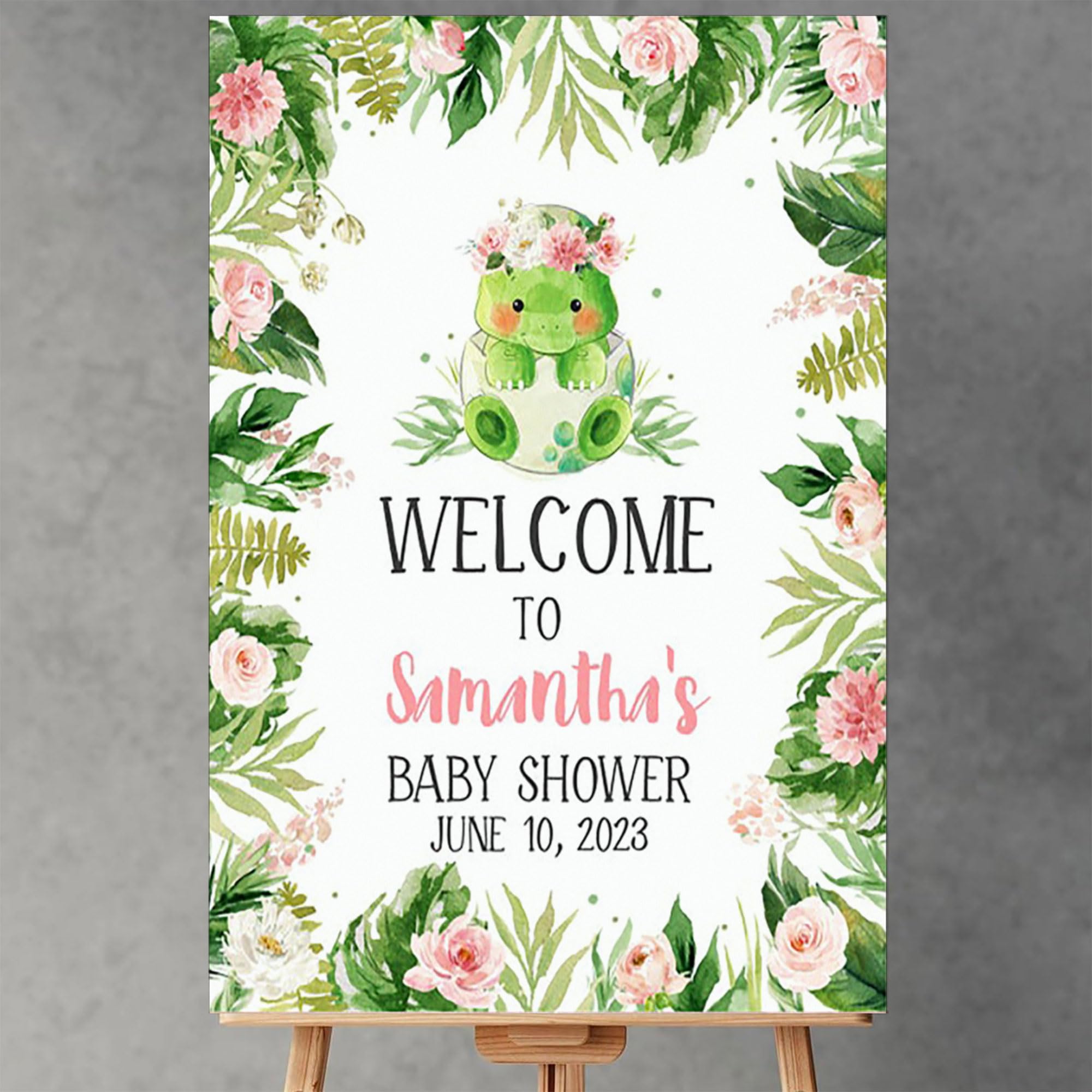 Girl Dinosaur Baby Shower Welcome Sign, Pink Floral Dino Baby Shower Welcome Poster, Greenery Cute Dinosaurs Baby Shower Sign