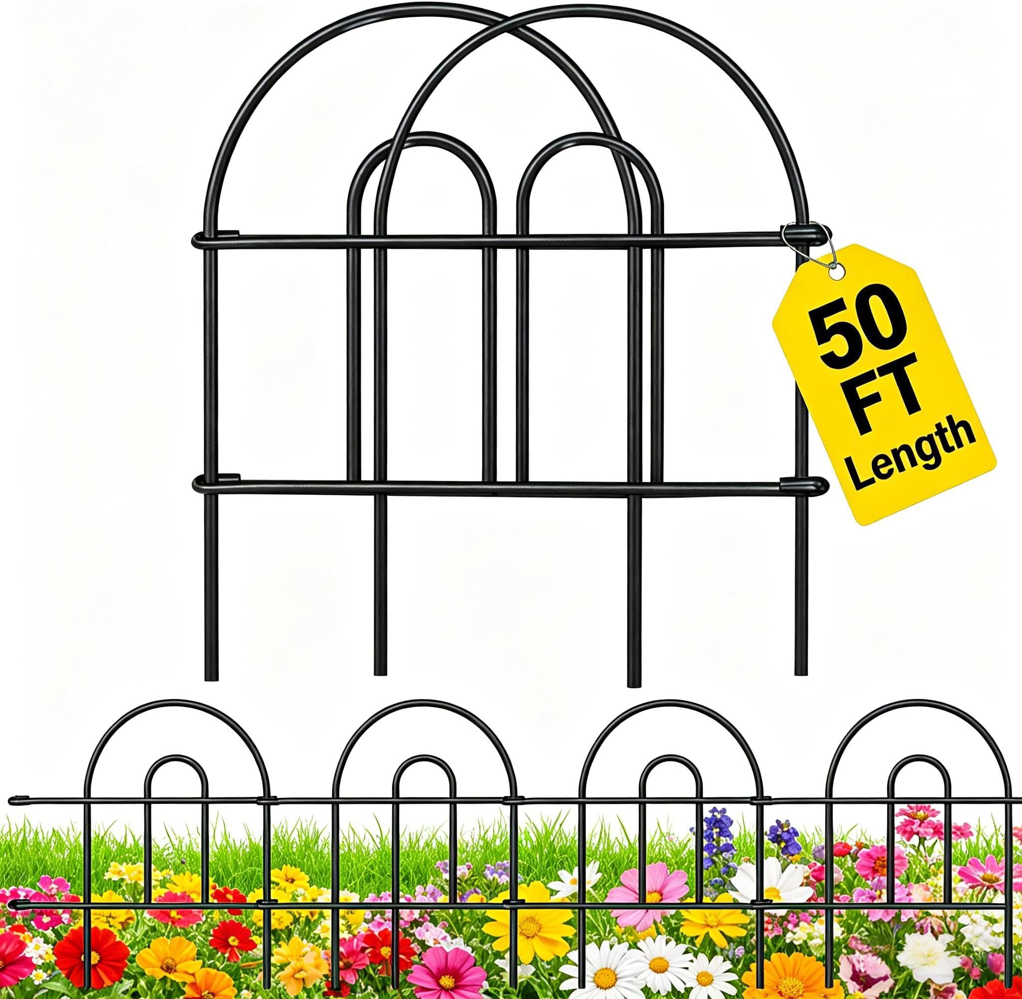 AMAGABELI 35 Panels 18in(H)×50ft(L) Decorative Garden Fence No Dig Rustproof Metal Pre-Linking Fence Panels Garden Edging Border Animal Barrier Fencing for Flower Beds Yard Patio Outdoor Decor Black