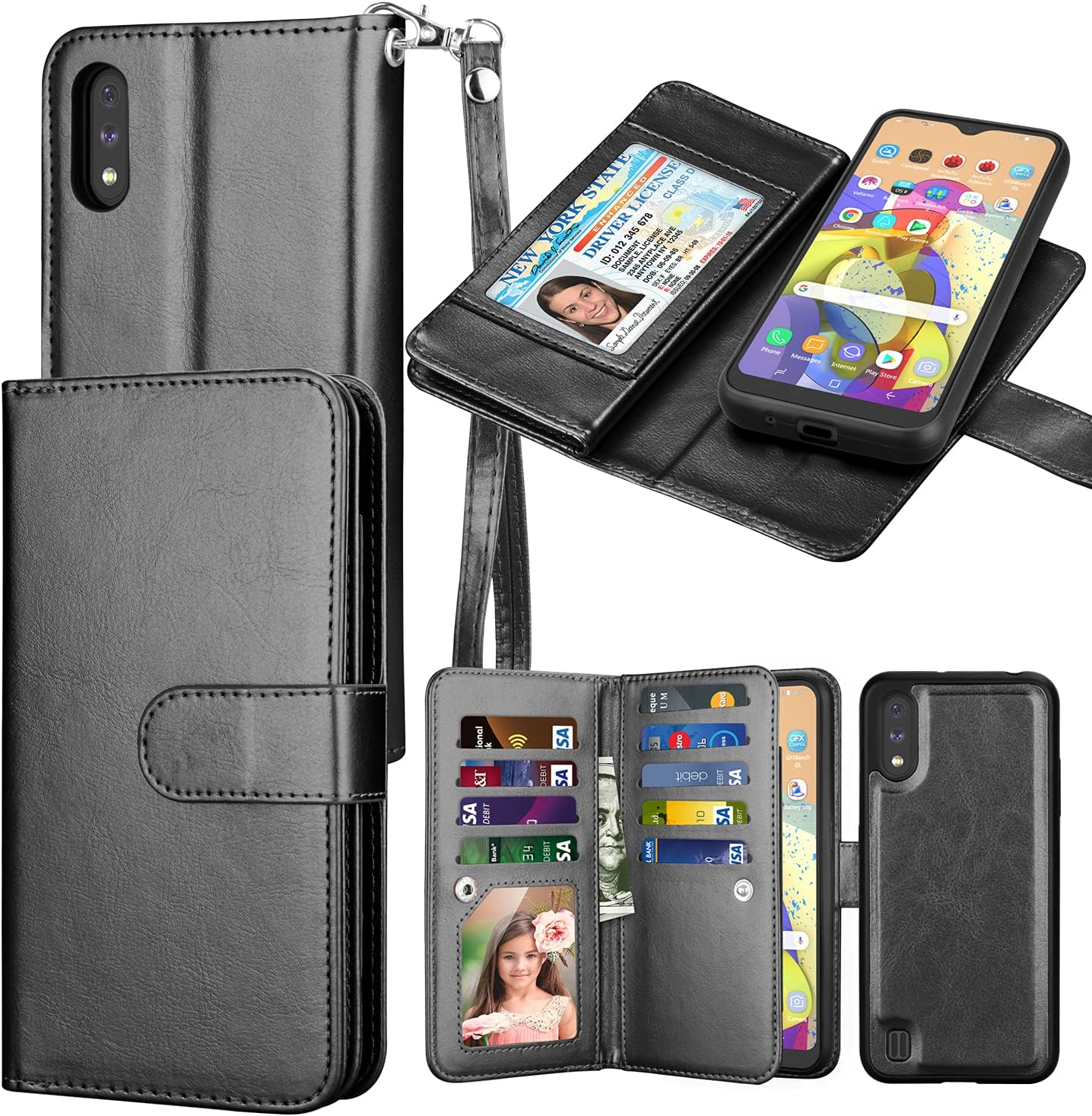 Galaxy A01 Case, Wallet Phone Case for Samsung Galaxy A01, Takfox PU Leather w 9 ID Credit Card Holder Slots Folio Flip Magnetic Detachable Hard Case & [Wrist Strap] for Samsung Galaxy A01-Black