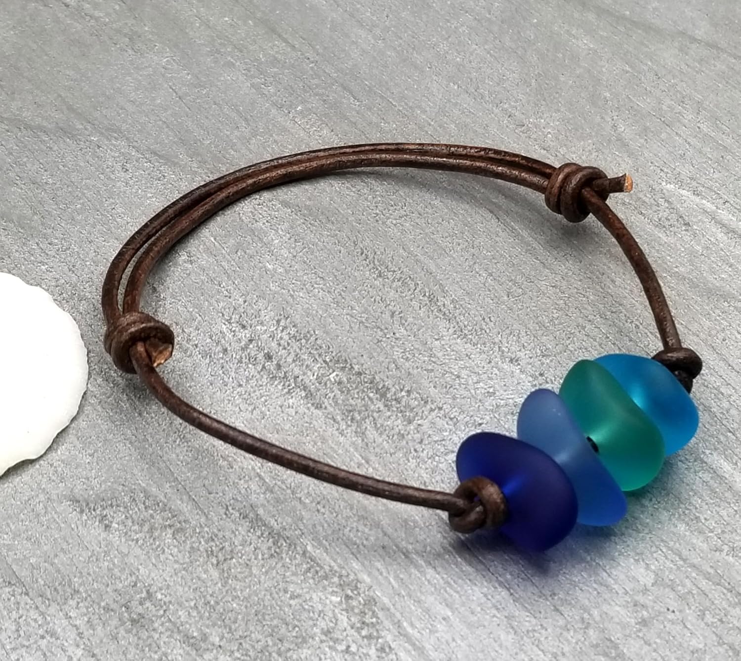 Updated YInahawaii Handmade leather cord unisex quad "Blue Hawaii" sea glass bracelet with chunky stones, Unique gift for him or her (Hawaii Gift Wrapped, Customizable Gift Message)