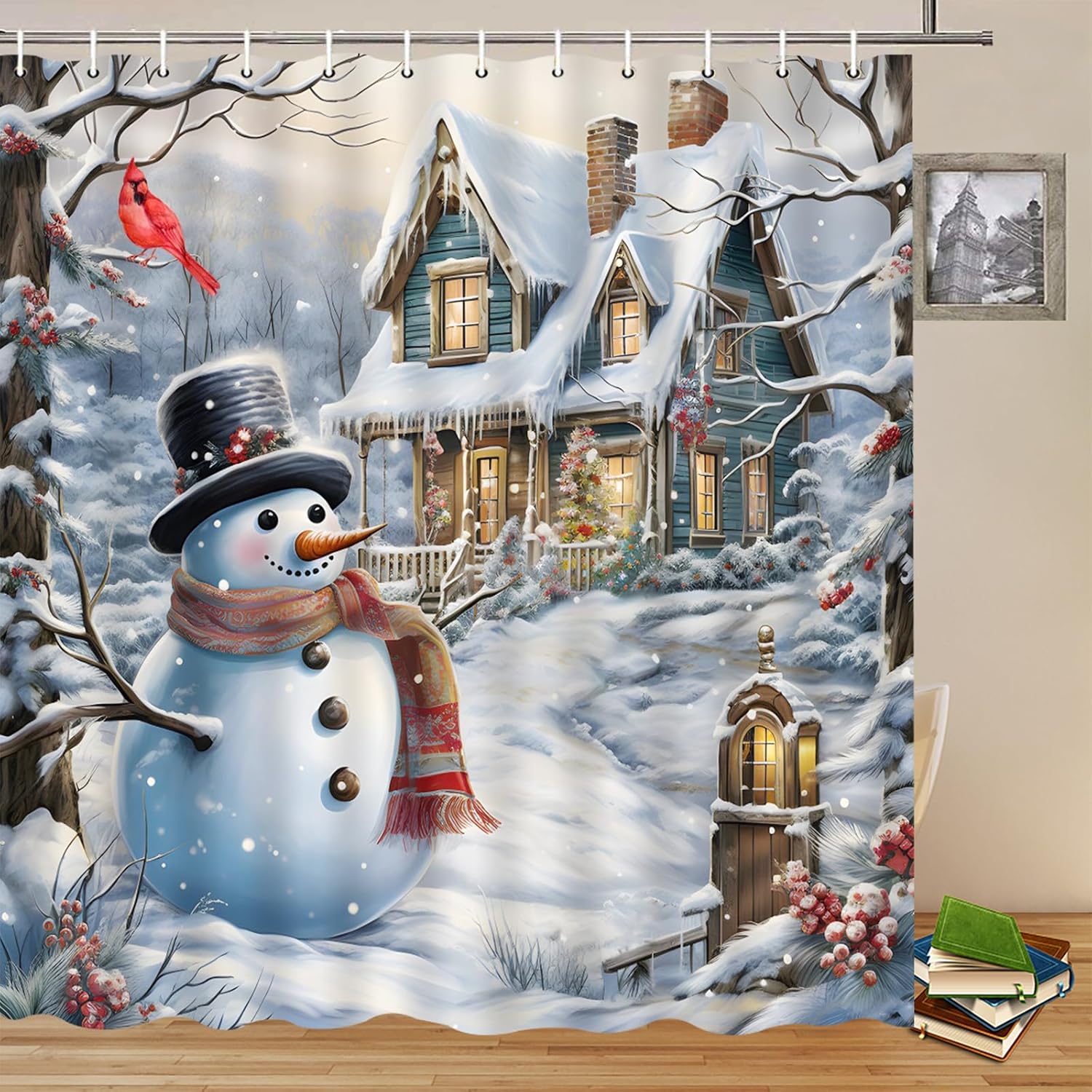 Christmas Shower Curtains Cute Snowman Wearing Hat and